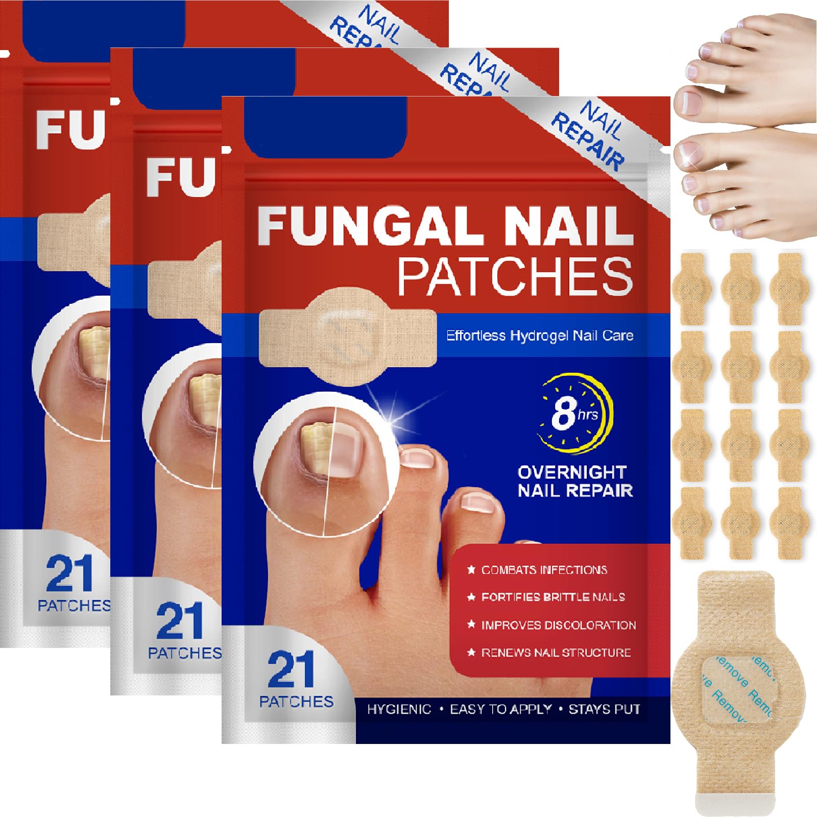 3 Pack Fungal Nail Treatment Patches, 63PCS Extra Strength 8-Hour Repair Pads for Toenail Fungus Ingrown Nail