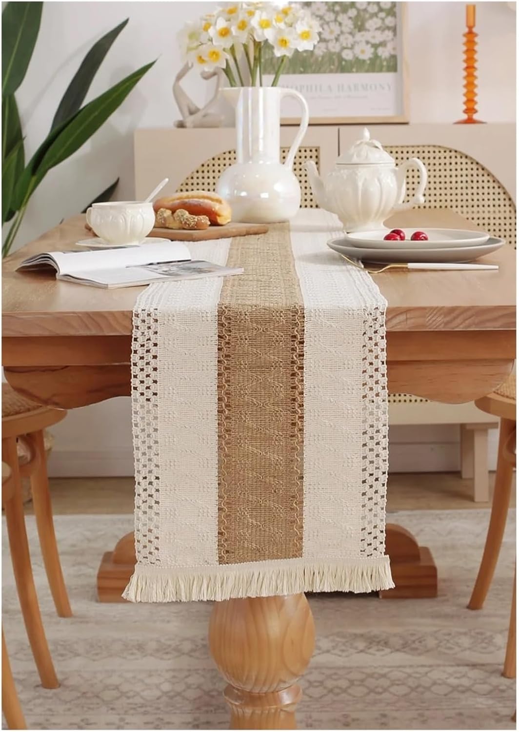 Burlap Table Runners Table Runner, Natural Burlap Boho Table Runner Modern Farmhouse Decor Rustic Woven Cotton Crochet Lace for Tabletop Decoration(30*160CM)