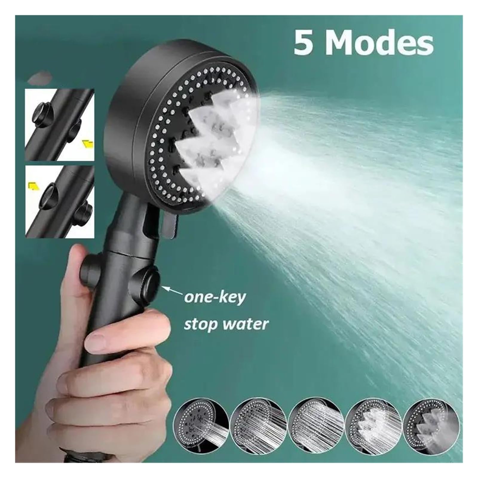 Soffione doccia ad alta pressione bianco e nero con 5 modalità regolabili, supporto per tubo flessibile, ugello a un clic per il risparmio idrico(Silver and Holder)
