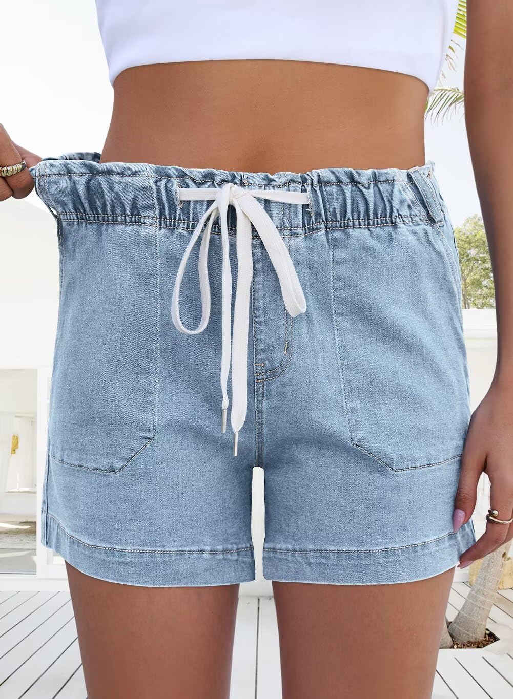 FEKOAFE Womens Stretchy Denim Shorts 2026 Summer Casual Drawstring Elastic Waist Jean Shorts with Pockets（S-XL）