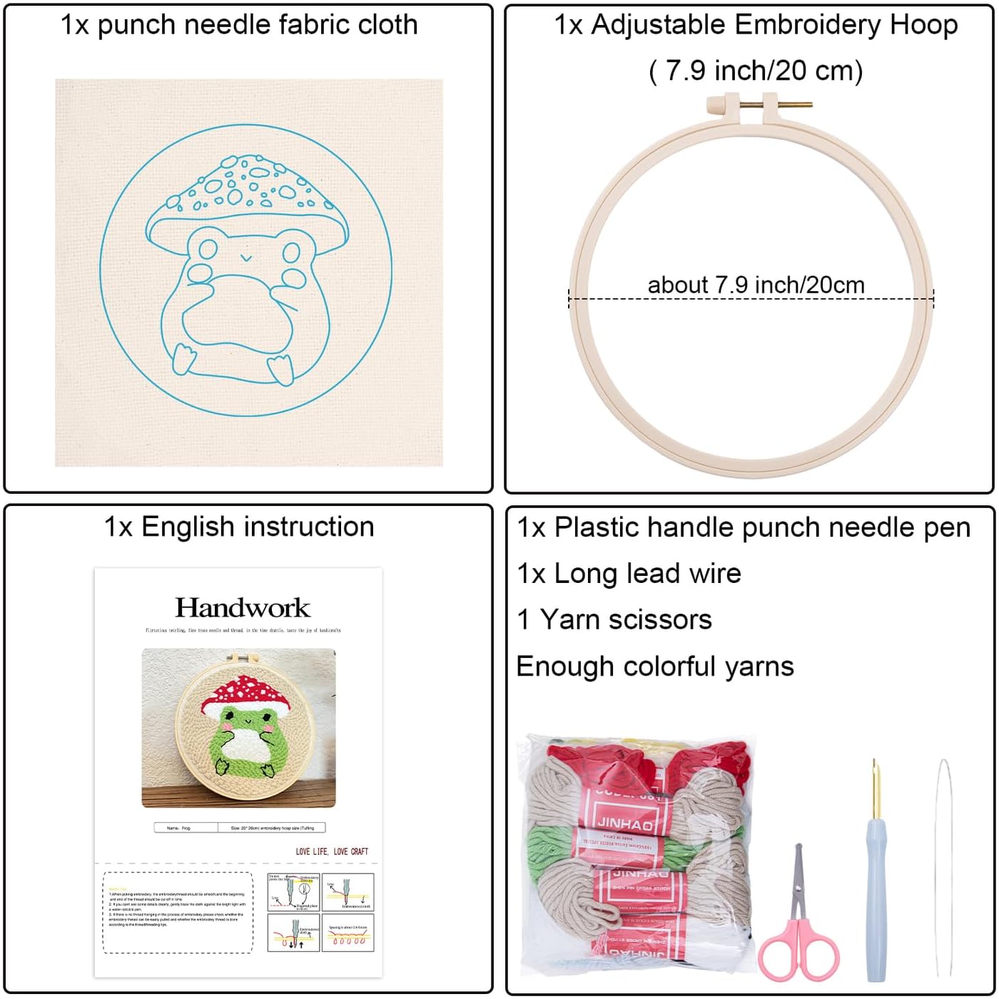 Louise Maelys Beginners Punch Needle kit,Embroidery Starter Kits for Adults,Rug Tool,Cross Stitch Including Handle Pen,Cloth,Hoop,Threads and Instruction-Mushroom Frog Pattern