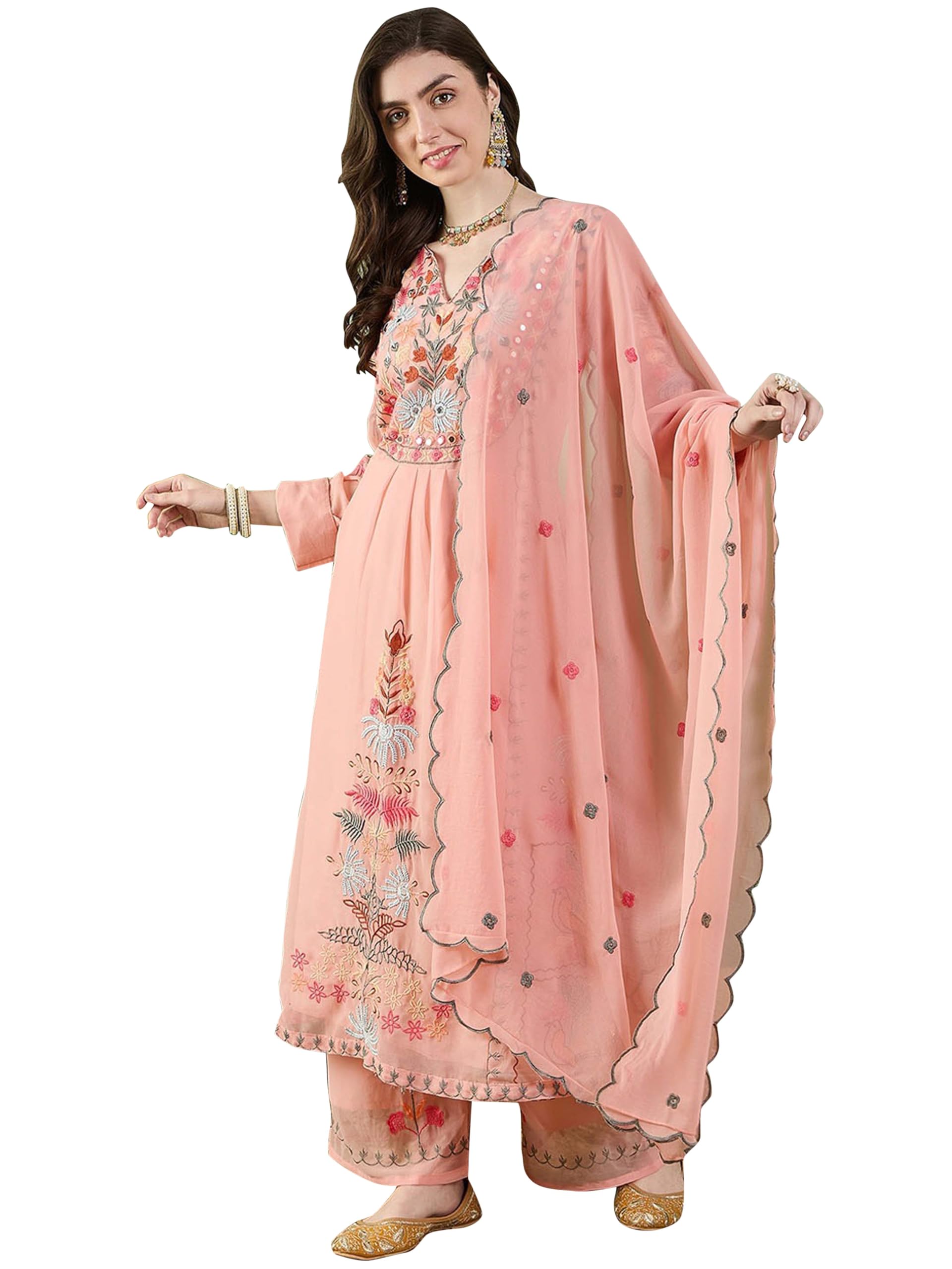 Fashion Basket Georgette Straight Floral Plazzo Kurta Set Peach