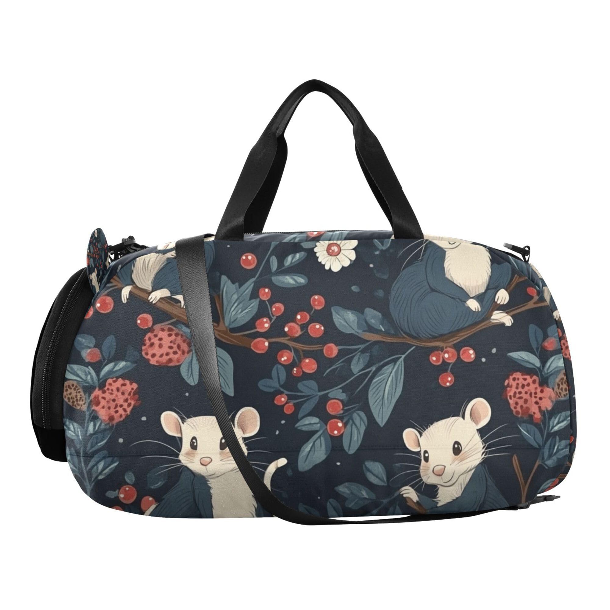 Glaphy Cute Opossums Floral Flowers Duffle Bag for Toddler Boys Girls, Gym Sports Bag with Shoe Compartments, Kids Travel Overnight Weekender Shoulder Bag