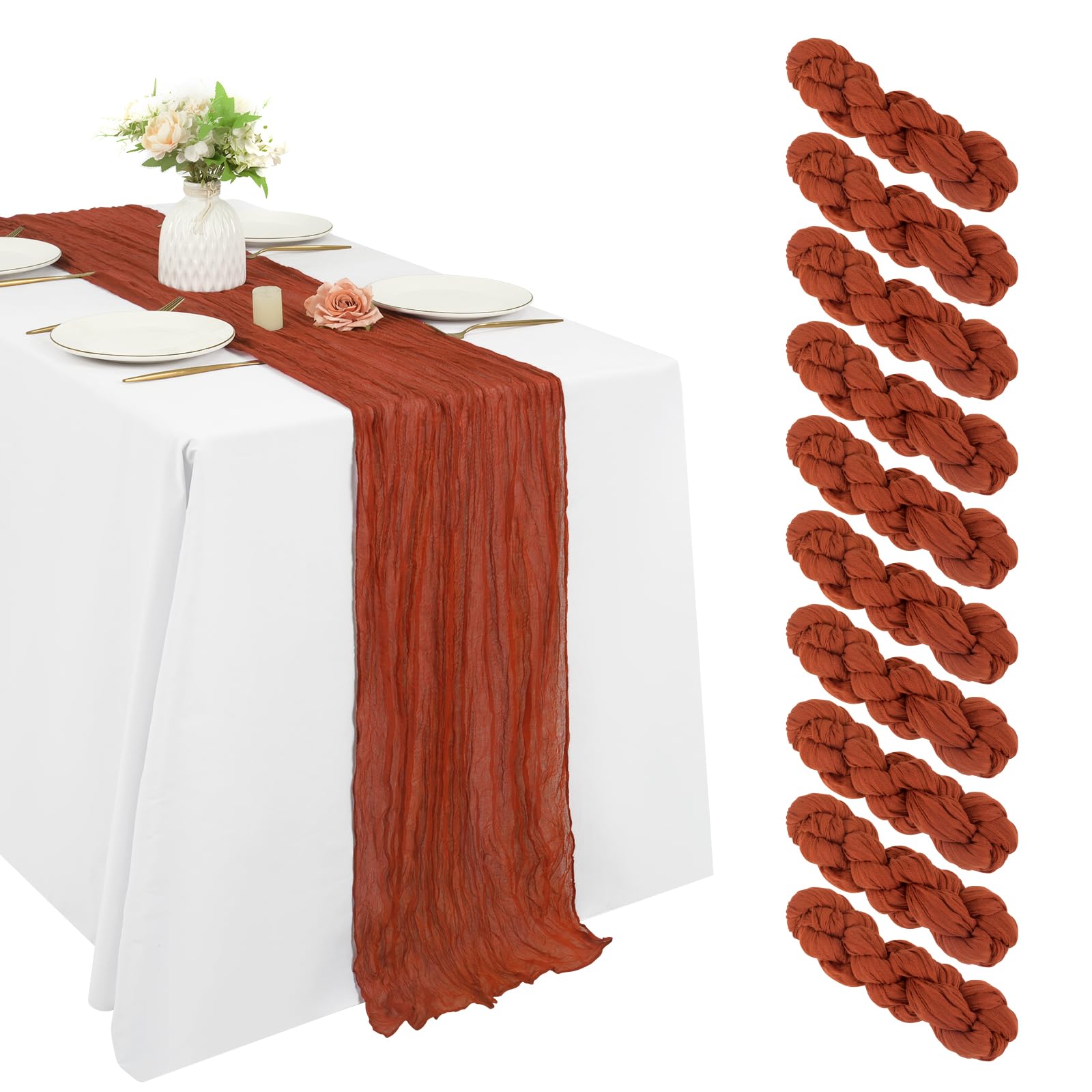 Photo 1 of 20 Pack Cheesecloth Table Runner 20 x 120 inch Long Boho Gauze Table Runners 10FT Semi Sheer Table Runner for Wedding Decor, Baby Shower, Birthday Party, Banquet (Terracotta)