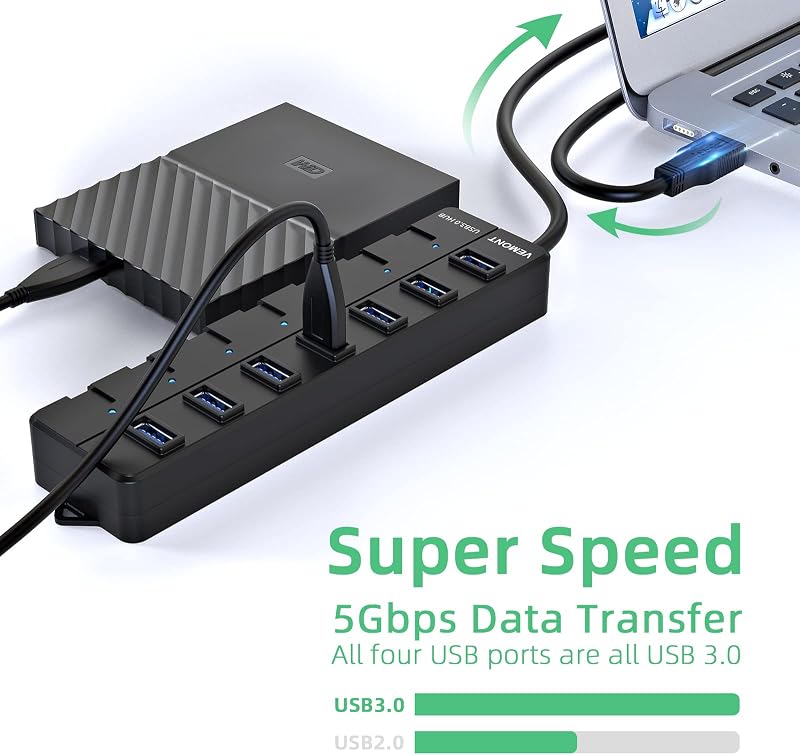 Vemont USB 3.0 Hub 7 portos kapcsolókkal Mac és Windows laptopokhoz
