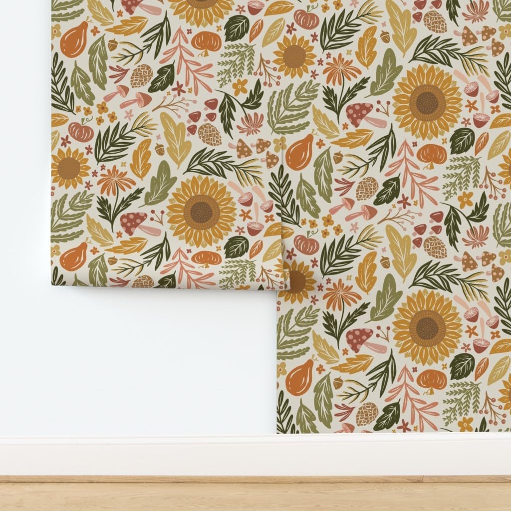 Spoonflower Removable Wallpaper 3ft x 2ft - Autumn Botanicals Leaves Acorns Sunflowers Ferns Mums Pinecones Mushrooms Custom Pre-Pasted Wallpaper