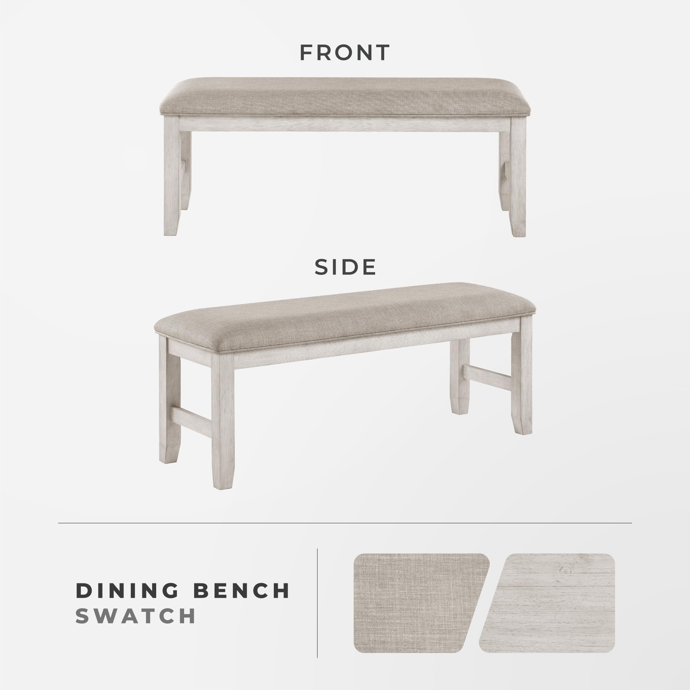 Lexicon Dining Bench, Wood Frame Gray Fabric Padded Seat, Antique White | Entryway Bench, Light Gray Textured Fabric Upholstered Dining Seat for Kitchen/Living Room
