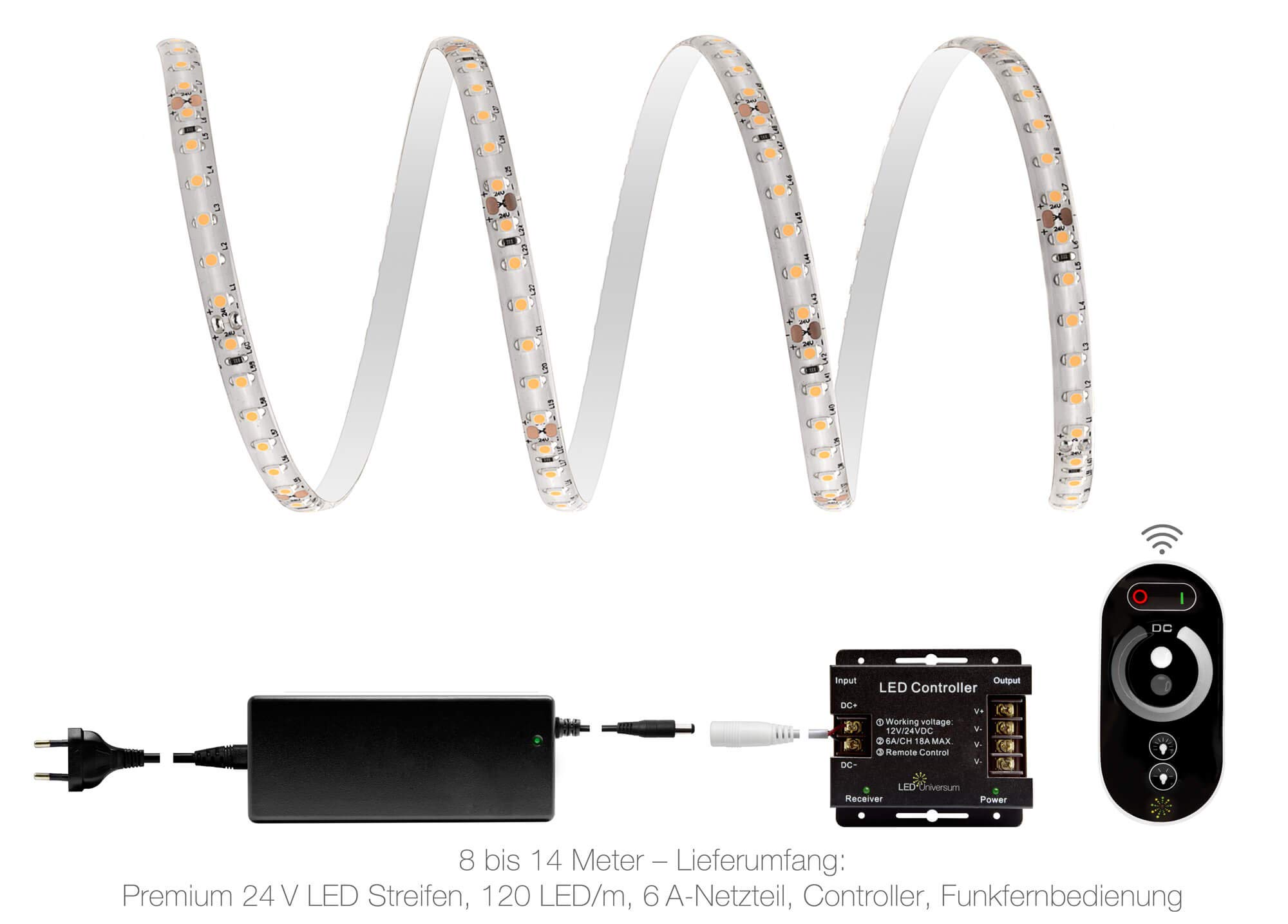 Tira de luces LED (9 metros, muy brillante, profesional, blanco cálido, 120 LED7m, IP65, 24 V), incluye controlador, mando a distancia y fuente de alimentación