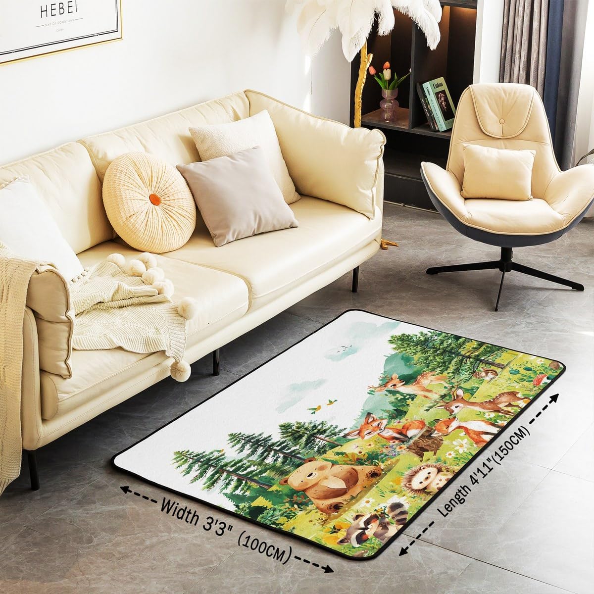 Erosebridal Jungle Animals 3 X 5 Area Rug,Woodland Zoo Animal Living Room Rugs,Cartoon Wildlife Safari Decorative Carpet Wild Tree Mountain Indoor Floor Mat
