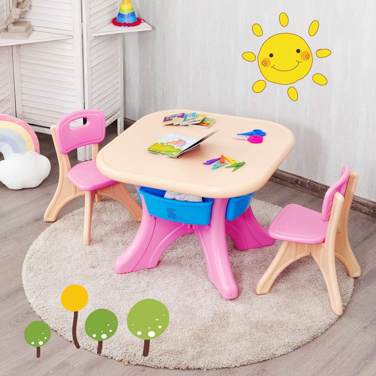 KOTEK Kids Table and Chair Set with Storage Bin, 3 Piece Activity Table Set with 2 Chairs for Toddler, Children Art Crafts Study Desk for Reading, Drawing, Painting (Pink)