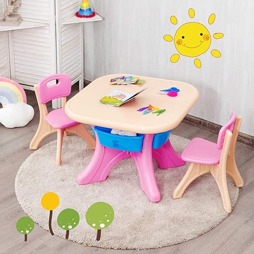 Miniatura 2 de HONEY JOY Juego de mesa y silla para niños, mesa de actividades de plástico para niños y 2 sillas con contenedores de almacenamiento, juego de