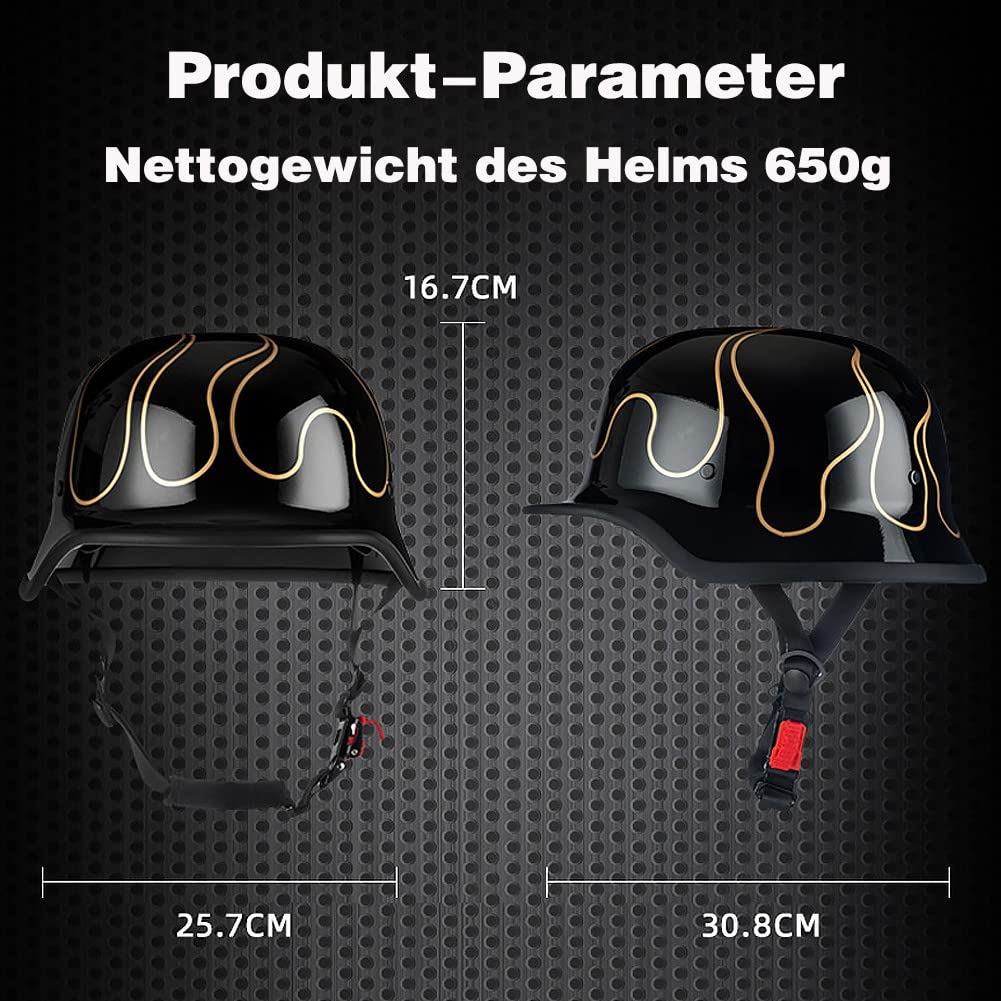 Deutsche Motorrad Halbhelme mit ECE, Jethelm Retro, Chopper Helm, Scooter-Helm, Fahrradhelm, mit Herausnehmbares Innenfutter und Schnellverschlussschnallen M~XXL 57~64CM