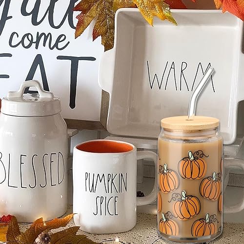 Miniatura 6 de Taza de cristal de calabaza de otoño, tazas de café helado de otoño, 16 onzas, vaso con forma de lata de Acción de Gracias con tapa y pajita,