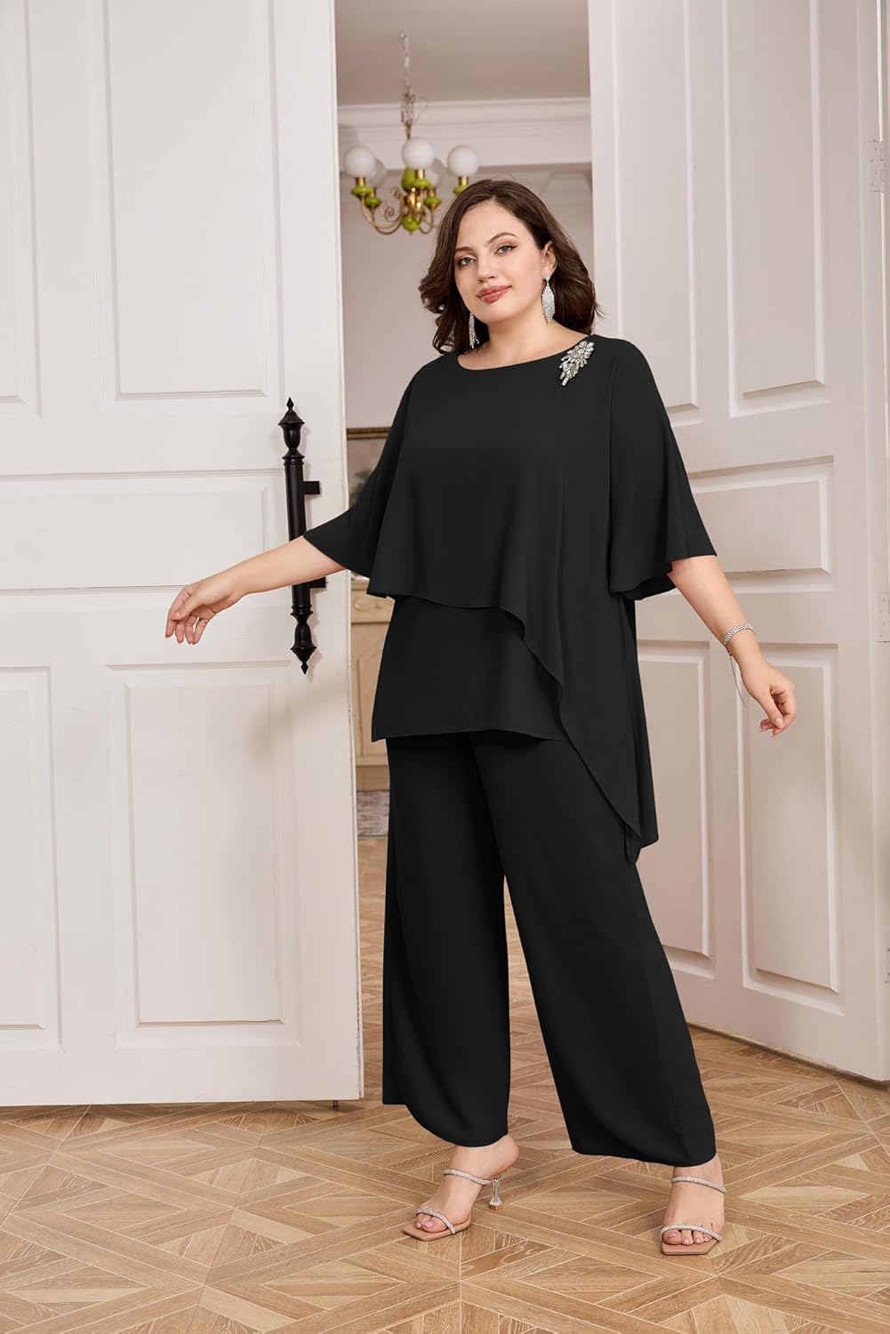 Hanna Nikole Plus Size Mother of Bride Pant Suits 2 Piece Chiffon Sets Ruffle Layers Wedding Guest Outfit - Image 6