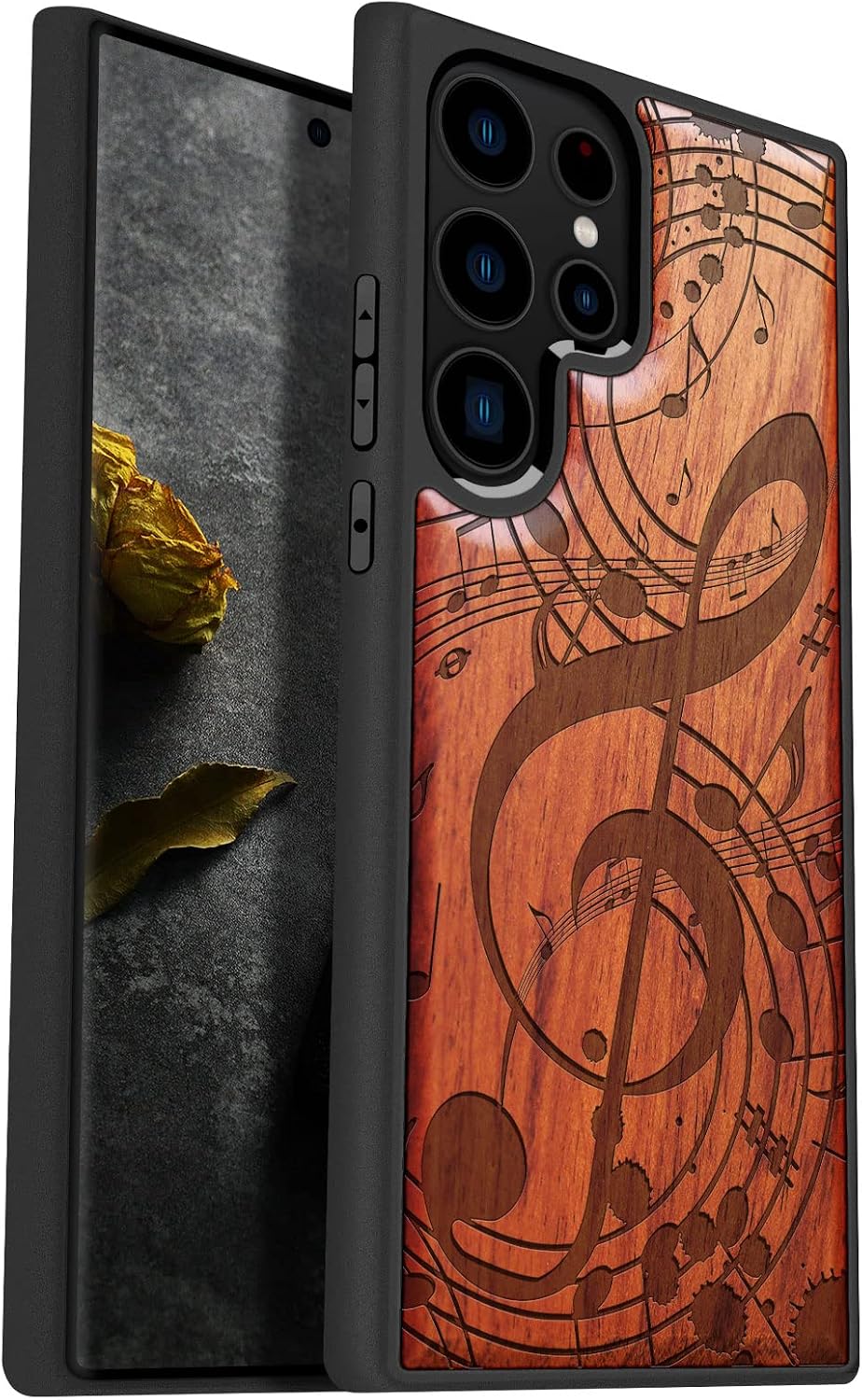Carveit Wood Case for Galaxy S23 Ultra Case [Natural Wood & Black Soft TPU] Shockproof Protective Cover Unique & Classy Wooden Design Compatible with Samsung S23 Ultra (Musical Note-Walnut)