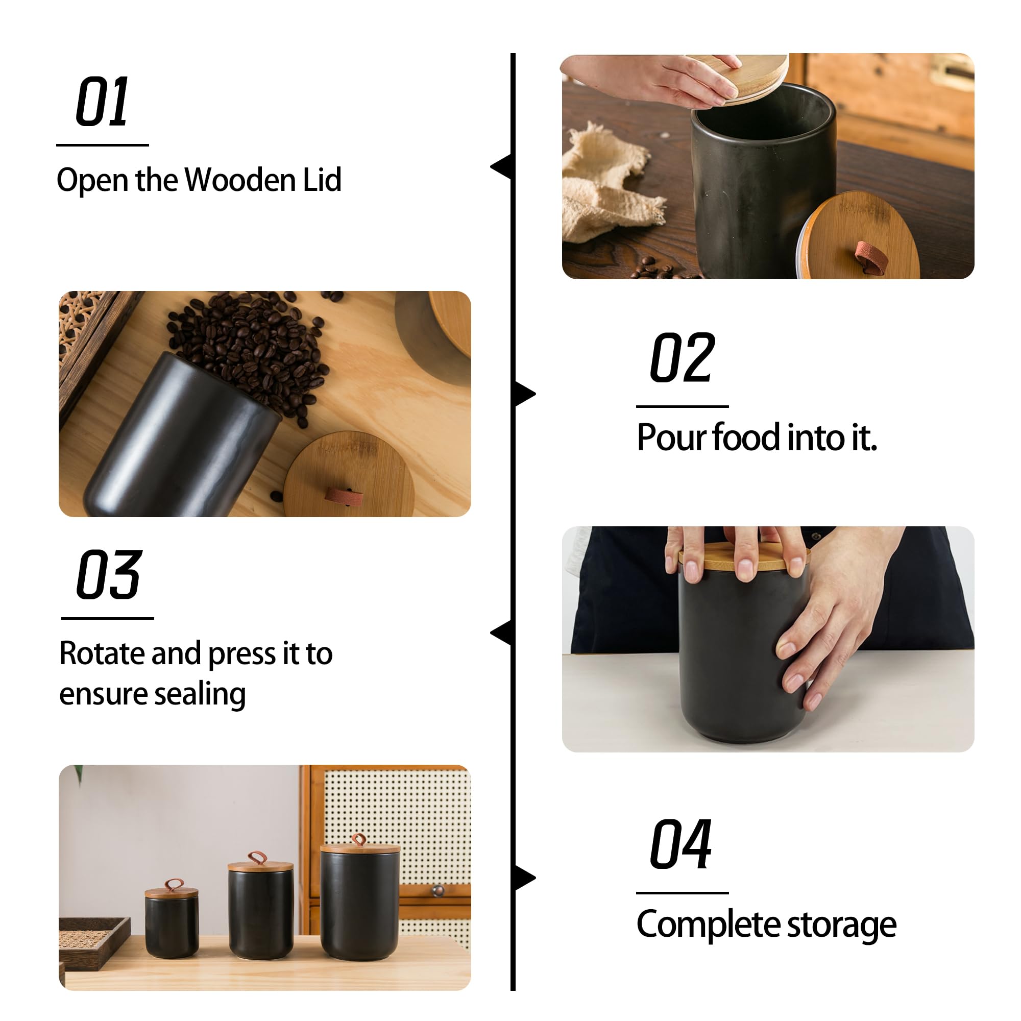 Amazon｜Tenforie ブラックキャニスターセット キッチン用 密閉木製蓋