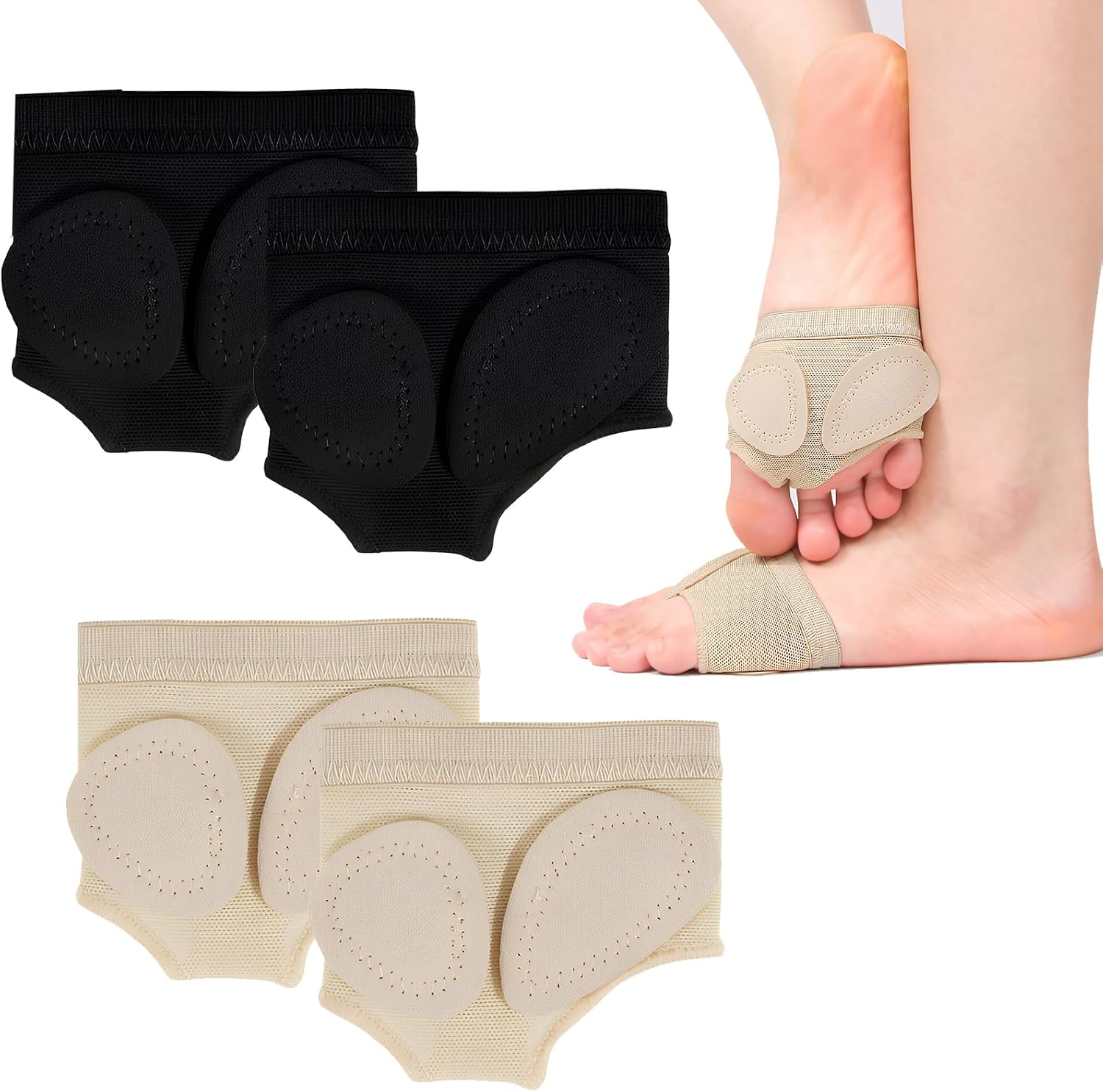 2 Pairs Dance Foot Undies Half Soles for Girls Women, Lyrical Dance Paws Pads Toe Thongs for Ballet Contemporary, Suitble for Studio Practice Performance Beige and Black