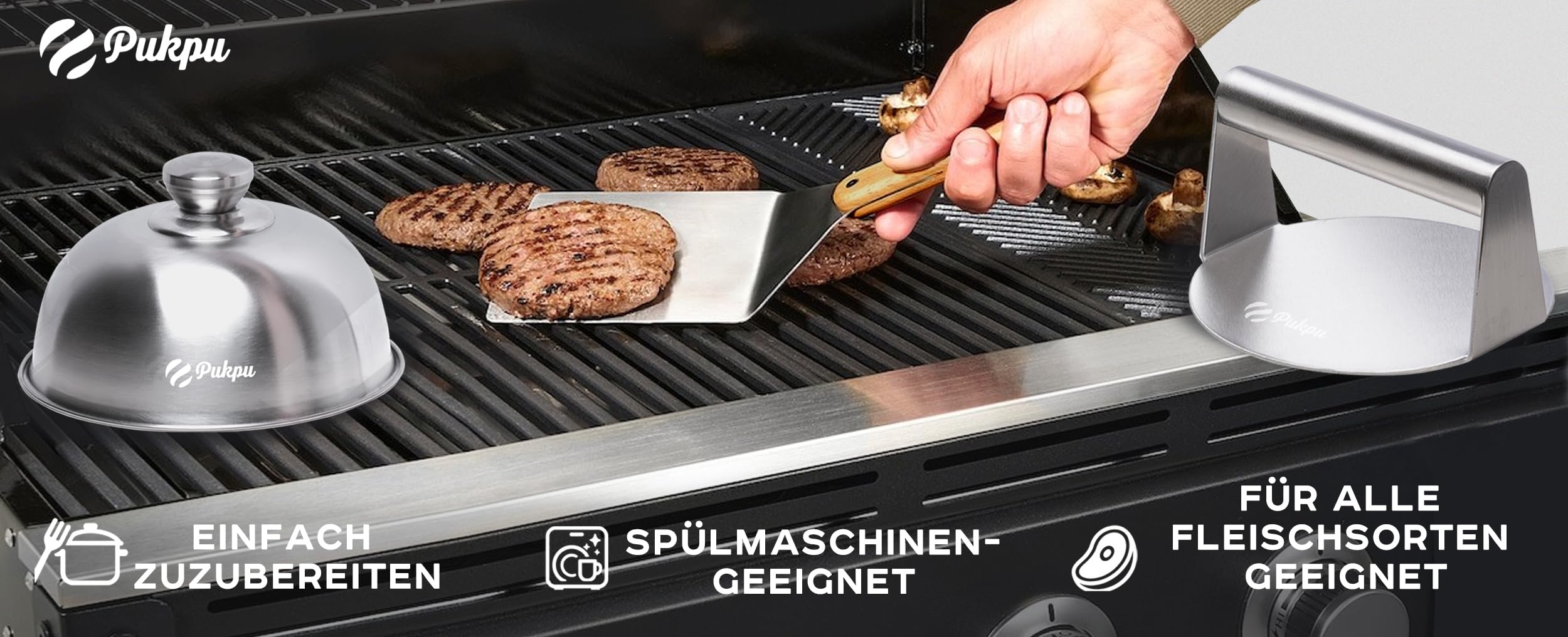 Smash Burger Set 3-teilig Holzgriff – Burgerpresse Edelstahl, Burgerglocke & Grillspachtel – Smashburger Zubehör für Plancha, Grill & BBQ
