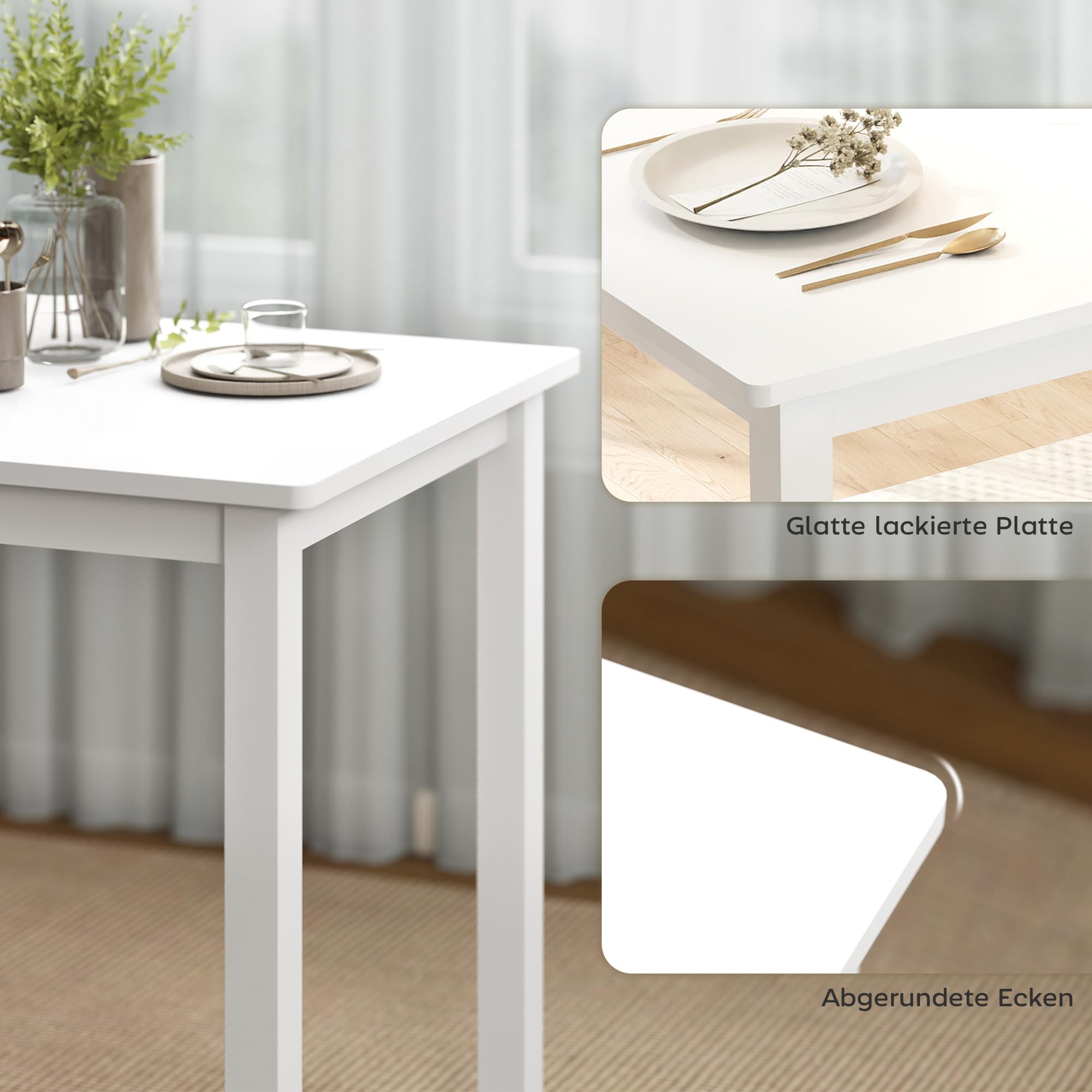 HOMCOM Essgruppe Holz 80 x 60 cm Esstisch mit 2 Stühlen Platzsparend Esszimmergruppe Sitzgruppe Rechteckig Küchentisch mit gepolsterten Essstühlen für kleine Raum, Esszimmer, Küche, Weiß