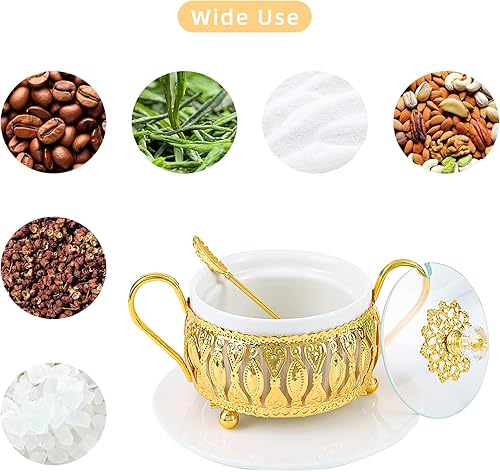 Miniatura 6 de Flylin Azucarero, azucarero turco con tapa y cuchara para galletas de caramelo, miel, tarro de condimento de vidrio vintage dorado para el hogar y