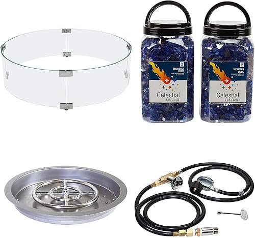 Celestial Fire Glass 19.3in redondo Drop-in quemador Pan, 90 K BTU LP quemador Kit de conexión, paquete protector de vidrio llama y paquete de