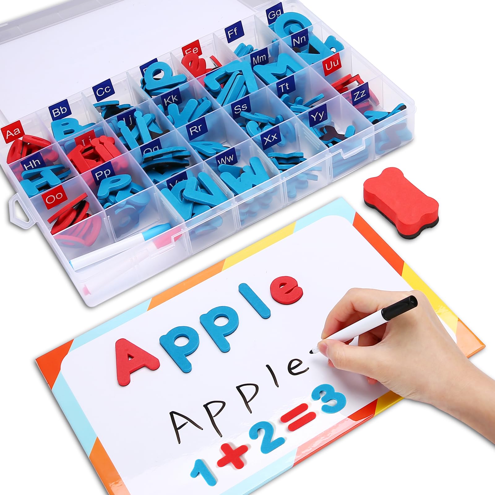 Hautton Juego de Letras Magnéticas ABC, 238 Piezas de Números de Alfabeto de Espuma Movibles con 2 Tableros Magnéticos, 3 Bolígrafos, Borrador, para niños Aprendizaje de Ortografía -Azul