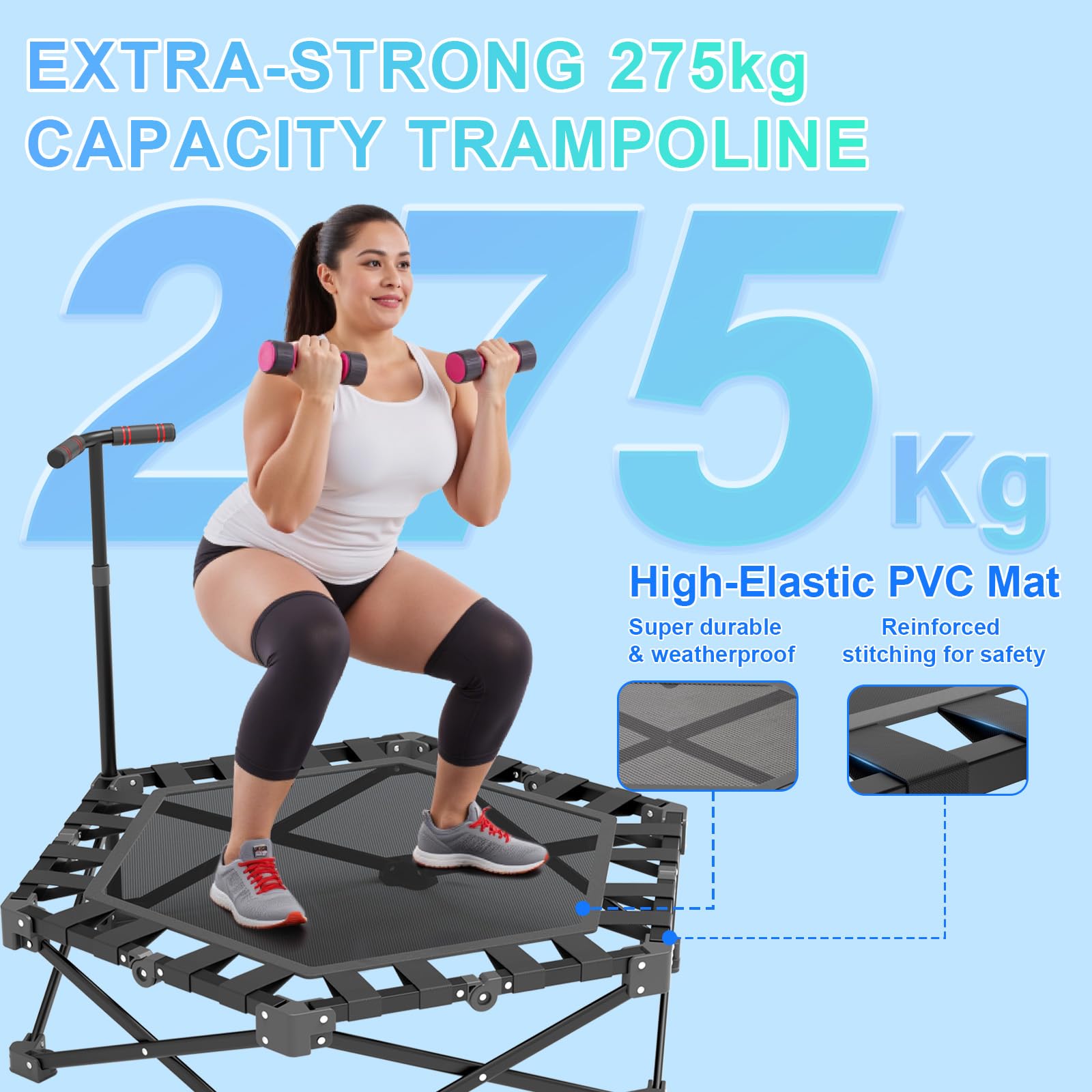 Mini Trampolino Fitness Pieghevole per Adulti, Trampolino per Interni con Maniglia Regolabile, 106 cm, Portata 275 kg, Trampolin per Casa