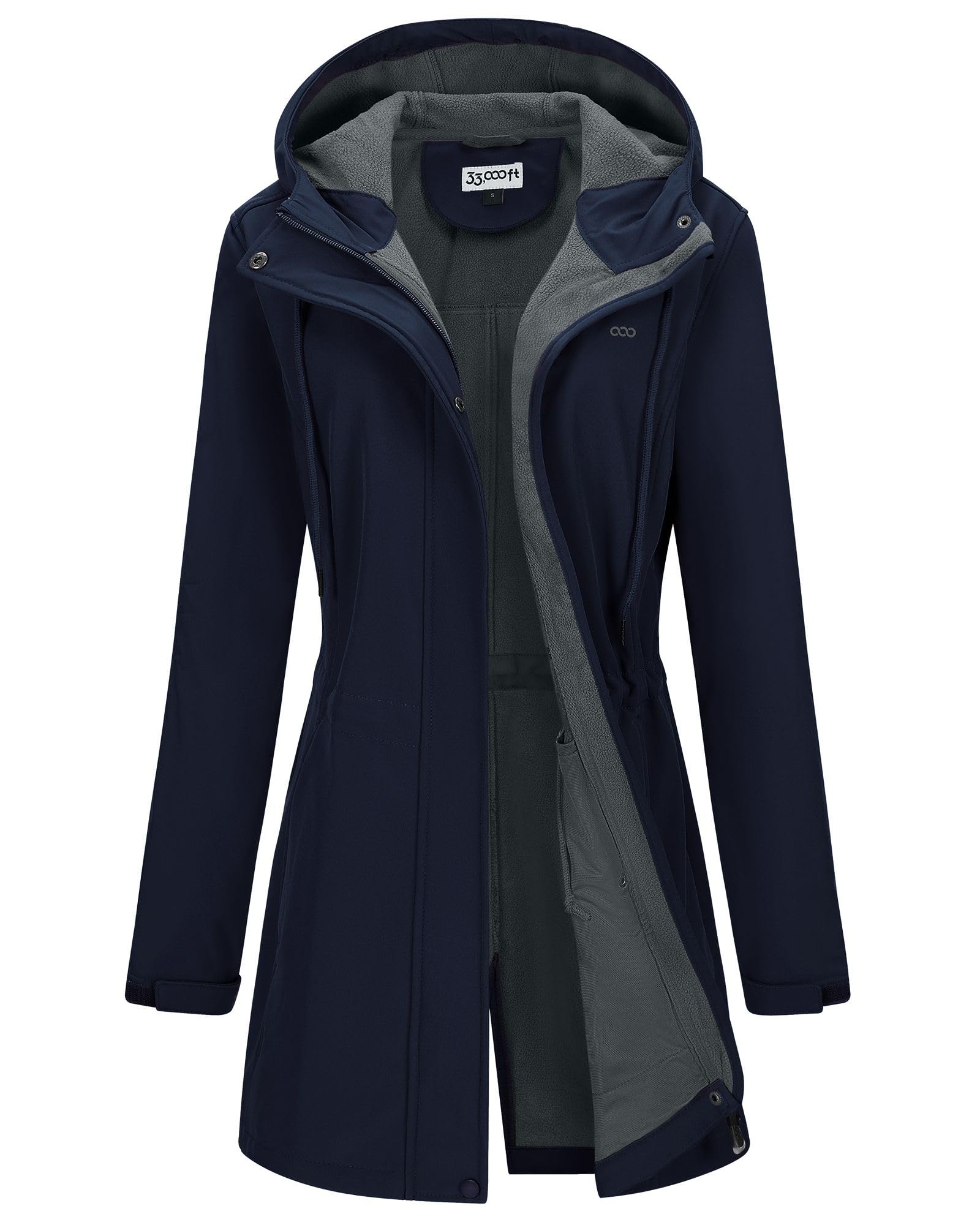 33,000ft Damen Leichte Wasserdichte Softshell Regenjacke Lange Funktionsjacke Übergangsjacke Windjacke Atmungsaktive Regenparka mit Kapuze Regenmantel für Wandern Laufen Sporten Dunkelblau S