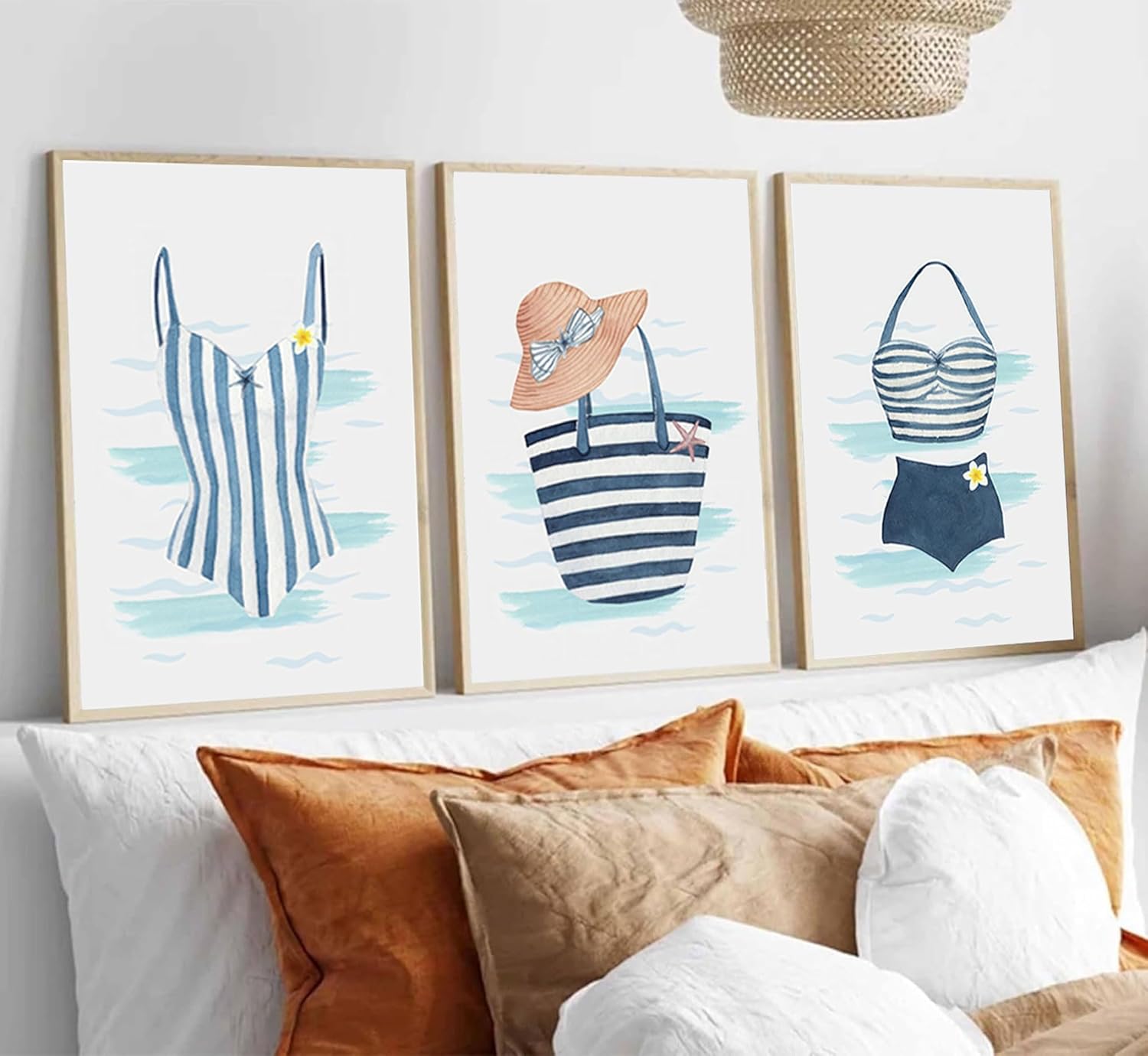 3pcs Coastal Blue Swimsuit Canvas Wall Art Summer Beach Bikini Swimsuit Posters Prints Paintings Coastal Granddaughter Room Pictures Wall Decor for Living Room Bedroom Sea View Room Home Decoration