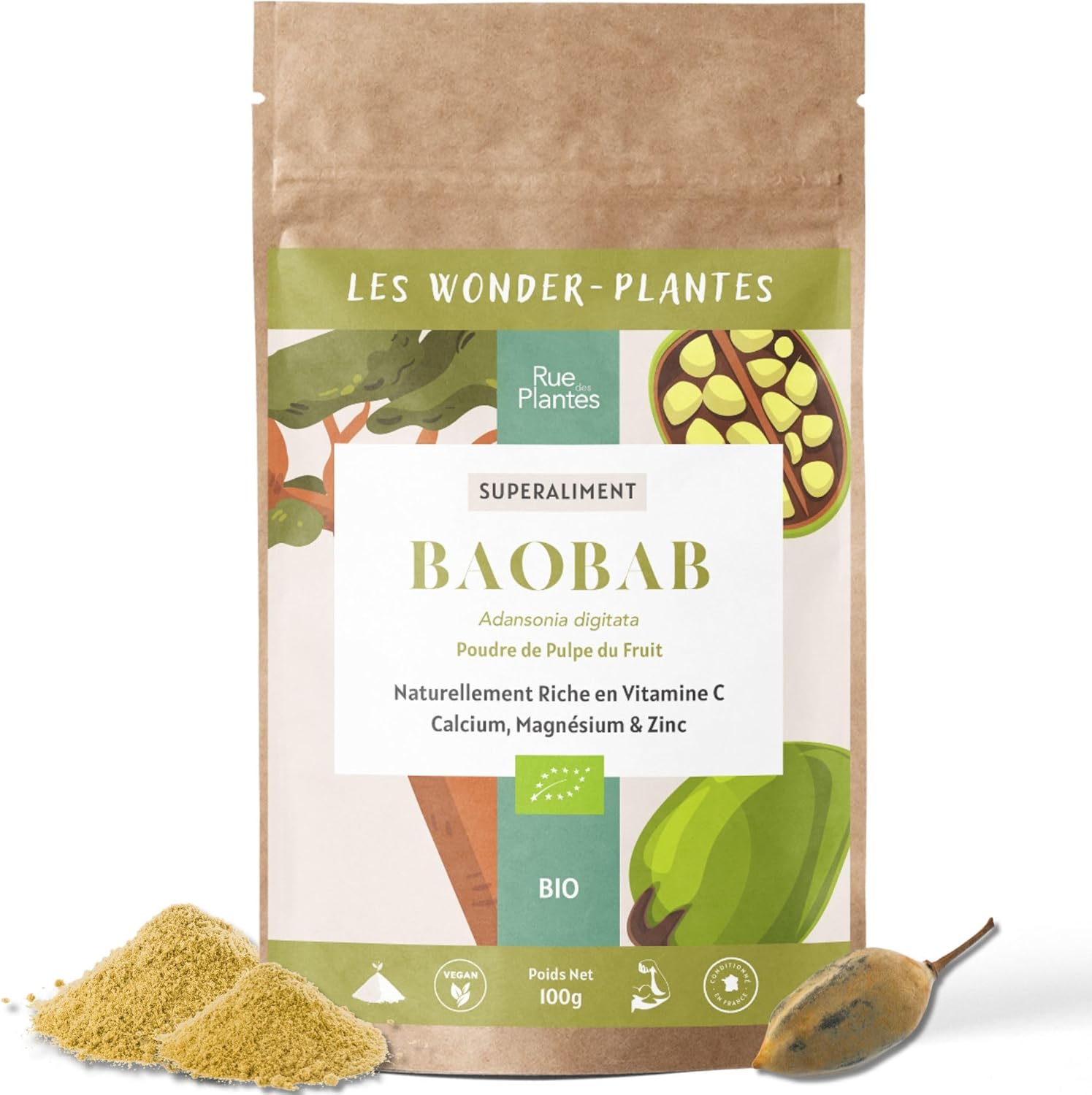 Organic Baobab Powder 100g | Superfood | Immunity, Digestion, Anti-aging, Joint & Bone System | Rue des Plantes