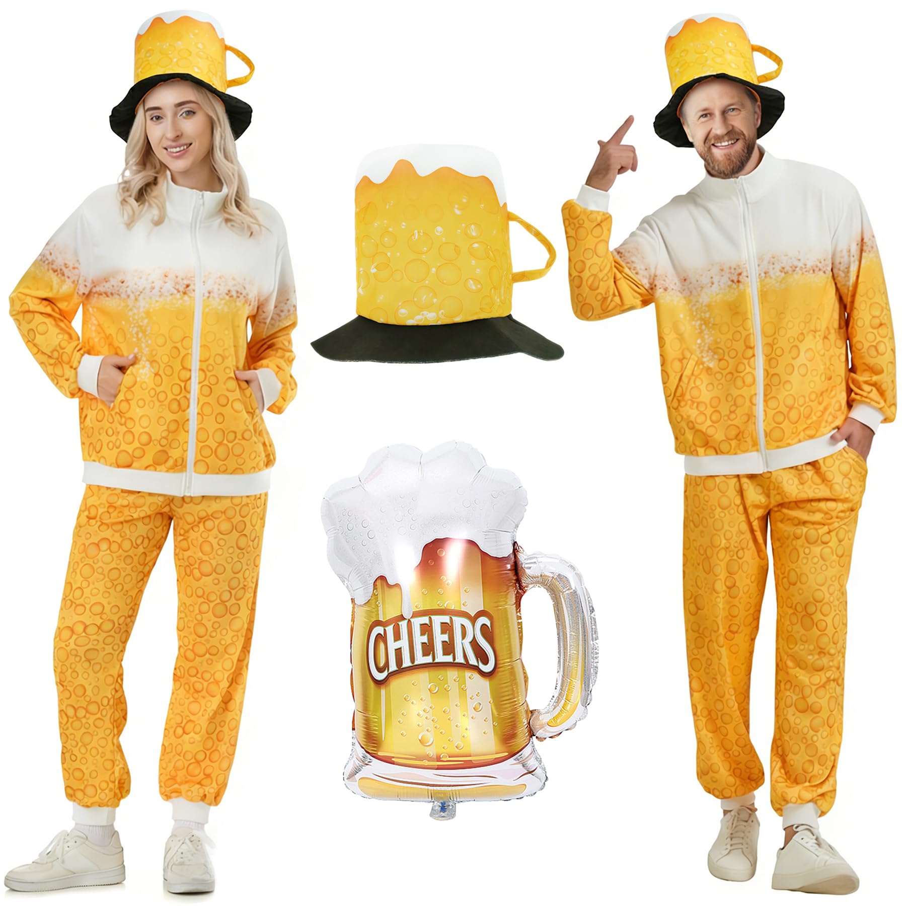 YeahBoom Bier Trainingsanzug Kostüm,Bierkostüm Herren und Damen,Faschingskostüm mit Jacke,Hose,Brille,Halskette,Ballon,80er 90er Jahre Kostüm für Bierfest Karneval Party