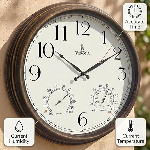 Miniatura 4 de Relojes para exteriores para patio, grande, impermeable, con termómetro, reloj de pared para interiores y exteriores de 24 pulgadas con combinación