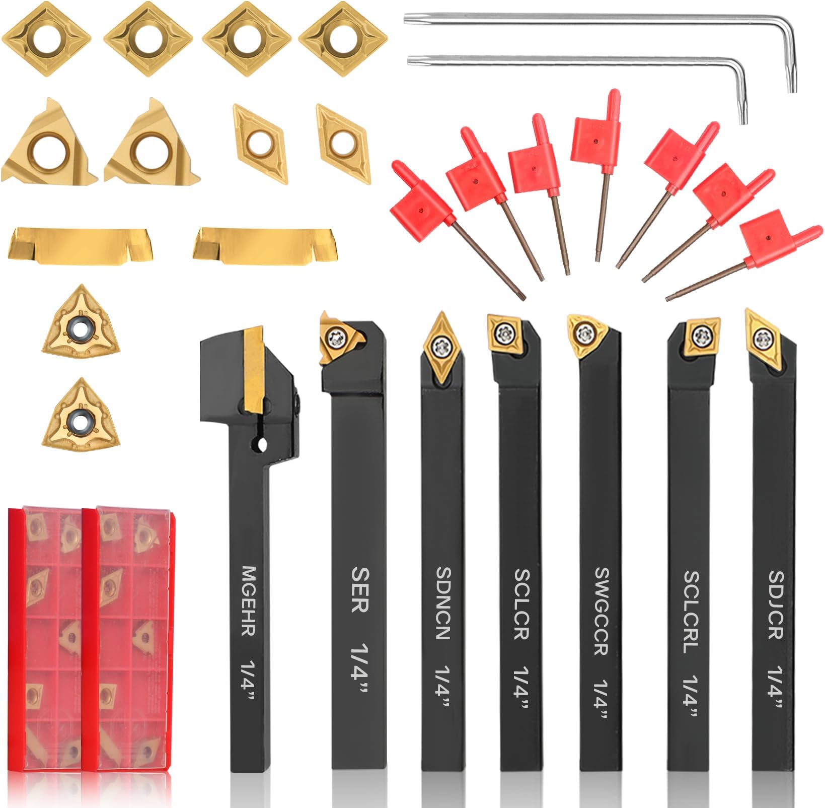 Indexable Lathe Turning Tool 21Pcs Kit 1/4'' 6mm Shank 7Pcs Metal Lathe Tools Holder Set with 14Pcs Turning Inserts for Turning Grooving Threading Boring Carbide Inserts Carbide Turning Tool