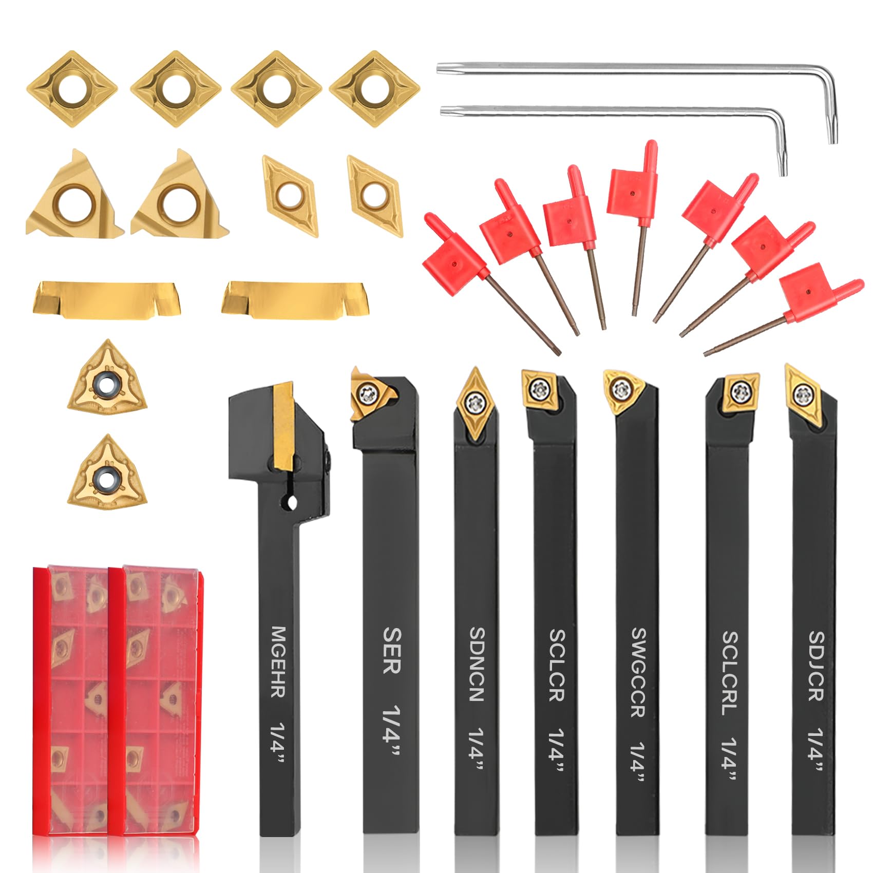 Indexable Lathe Turning Tool 21Pcs Kit 1/4'' 6mm Shank 7Pcs Metal Lathe Tools Holder Set with 14Pcs Turning Inserts for Turning Grooving Threading Boring Carbide Inserts Carbide Turning Tool