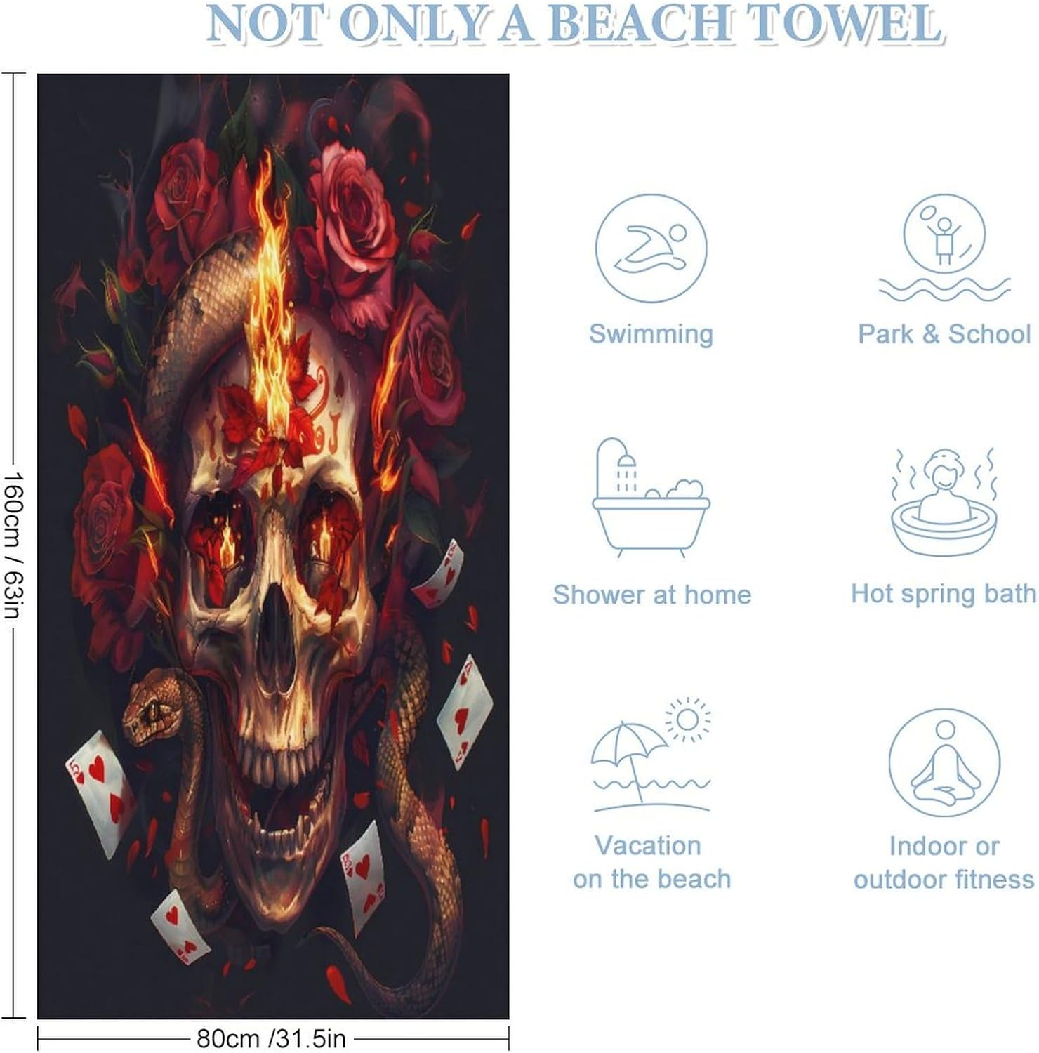 Halloween Poker Red Rose Fire Skull Bath Towel Beach Towels Quick Dry Oversized Bath Blanket Highly Absorbent Towel for Women Men 160x80cm