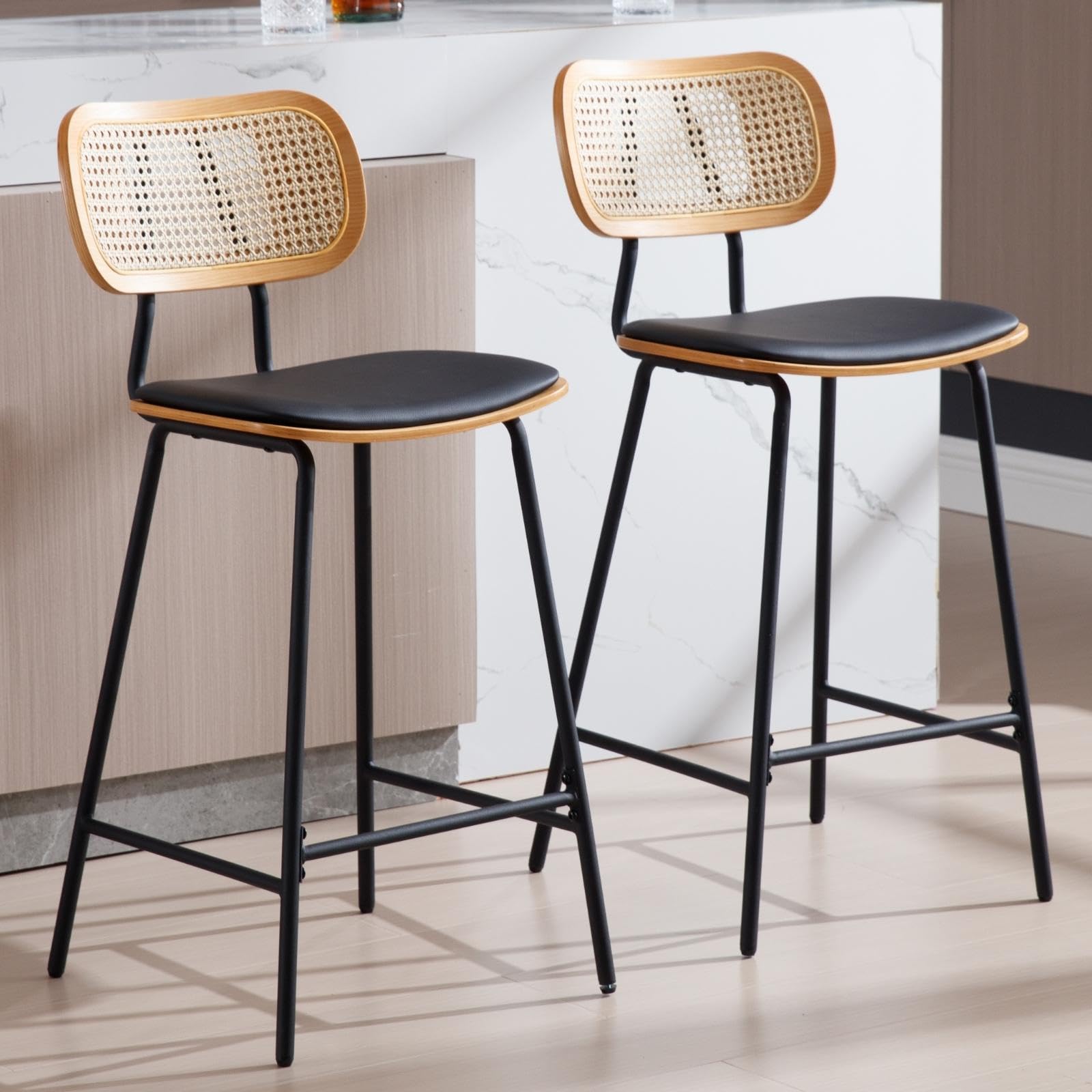 DUOMAY Modern Bar Stools Set of 2, 26" Counter Height Barstools with Rattan Back, PU Upholstered Kitchen Island Chair with Black Metal Legs for Home