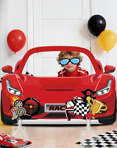 Miniatura 7 de Juego de accesorios para cabina de fotos de autos de carreras, soporte de cartulina roja para fiesta de cumpleaños, baby shower, suministros