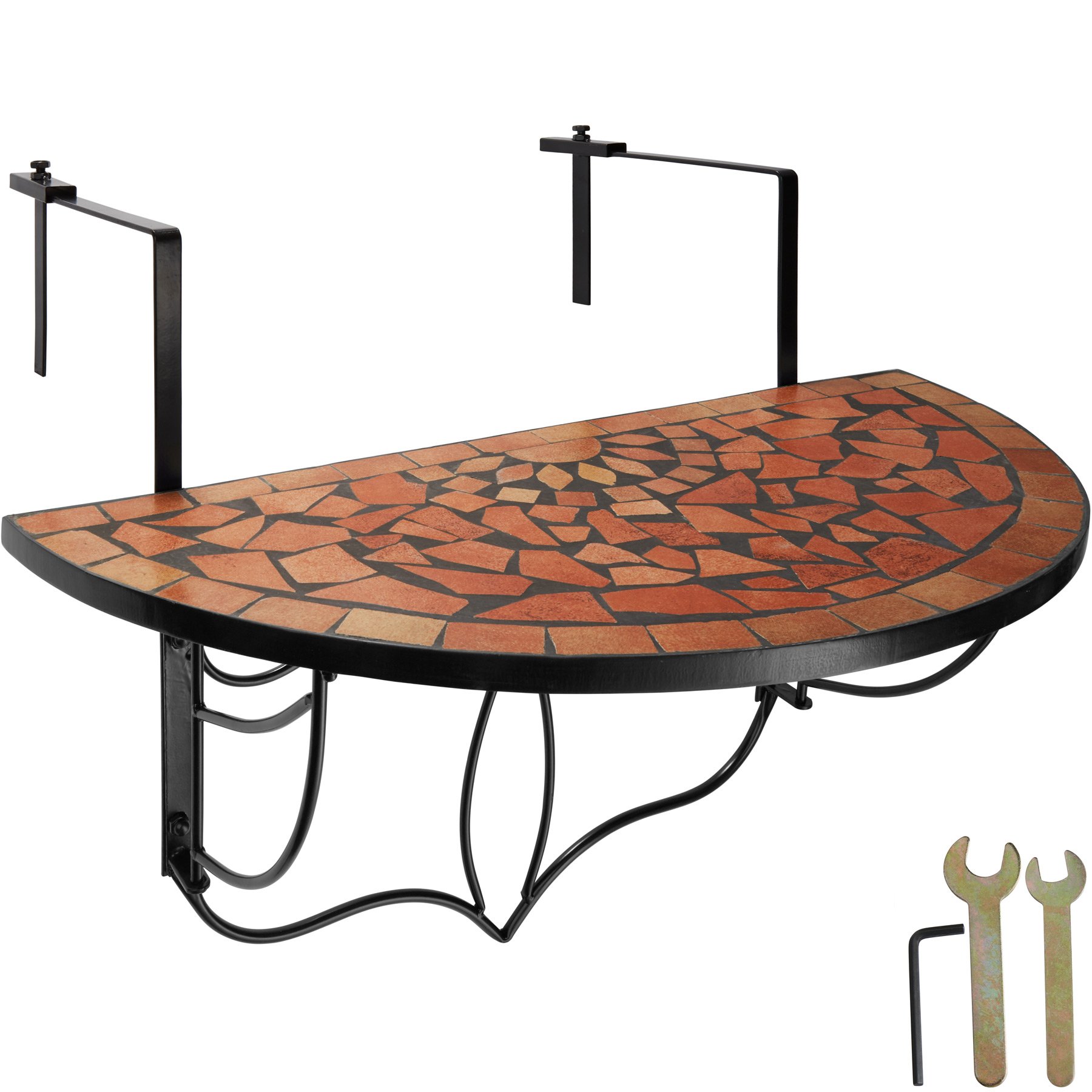 tectake® Hanging Mosaic Table, 75 x 65 x 62 cm, Adjustable Hanging Hooks, Wall-Mounted Folding Table with Steel Frame, 20 kg Load Capacity, Ideal Balcony Table & Patio Table - Terracotta