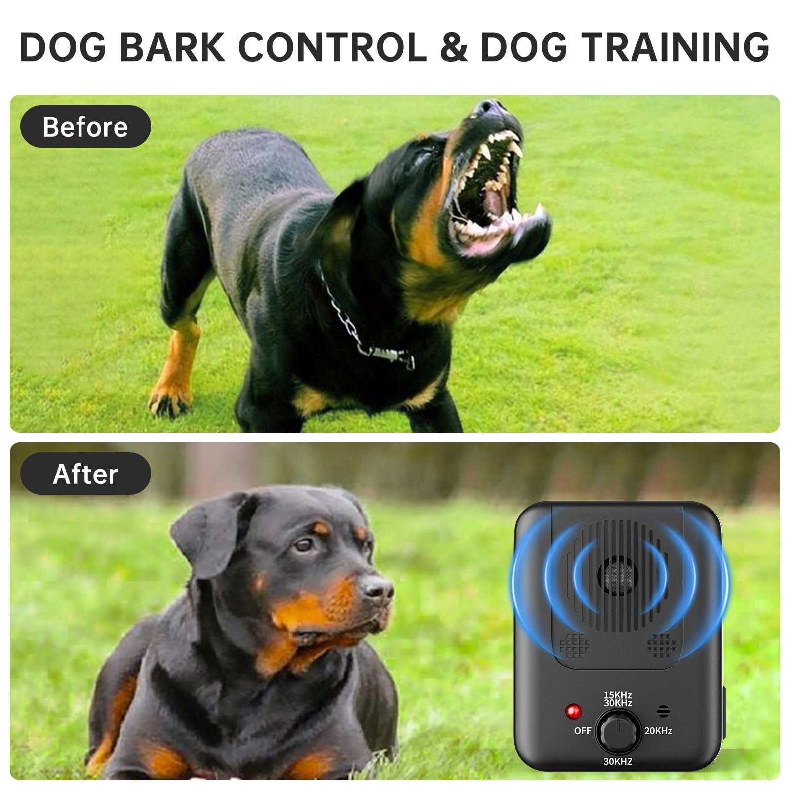 Dispositivo anti-abbaio per cani aggiornato 2025, 3 modalità di deterrente ad ultrasuoni per cani, dispositivo deterrente per abbaiare sonico, 15 m, ricaricabile, per interni ed esterni, per cani di