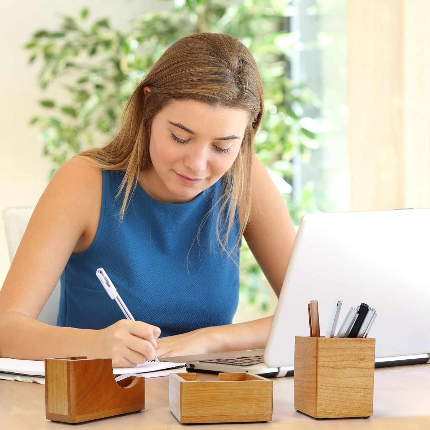 MultiBey Solid Cherry Wood Desk Organizer Set, Wood Tape Dispenser with Refill Rolls, Wooden Pen Holder, Wood Post It Note Holder for Office & Home Desk Supplies (3-Piece Set)