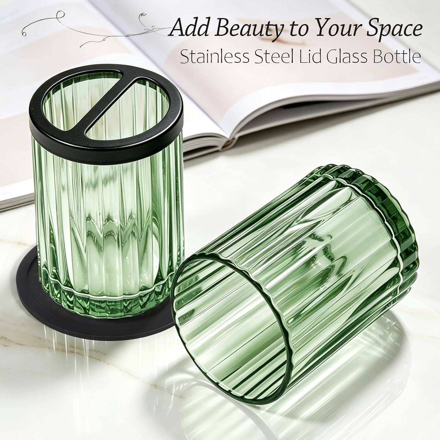8oz Toothbrush Holders for Bathrooms, Green Striped Toothbrush Cup, Green