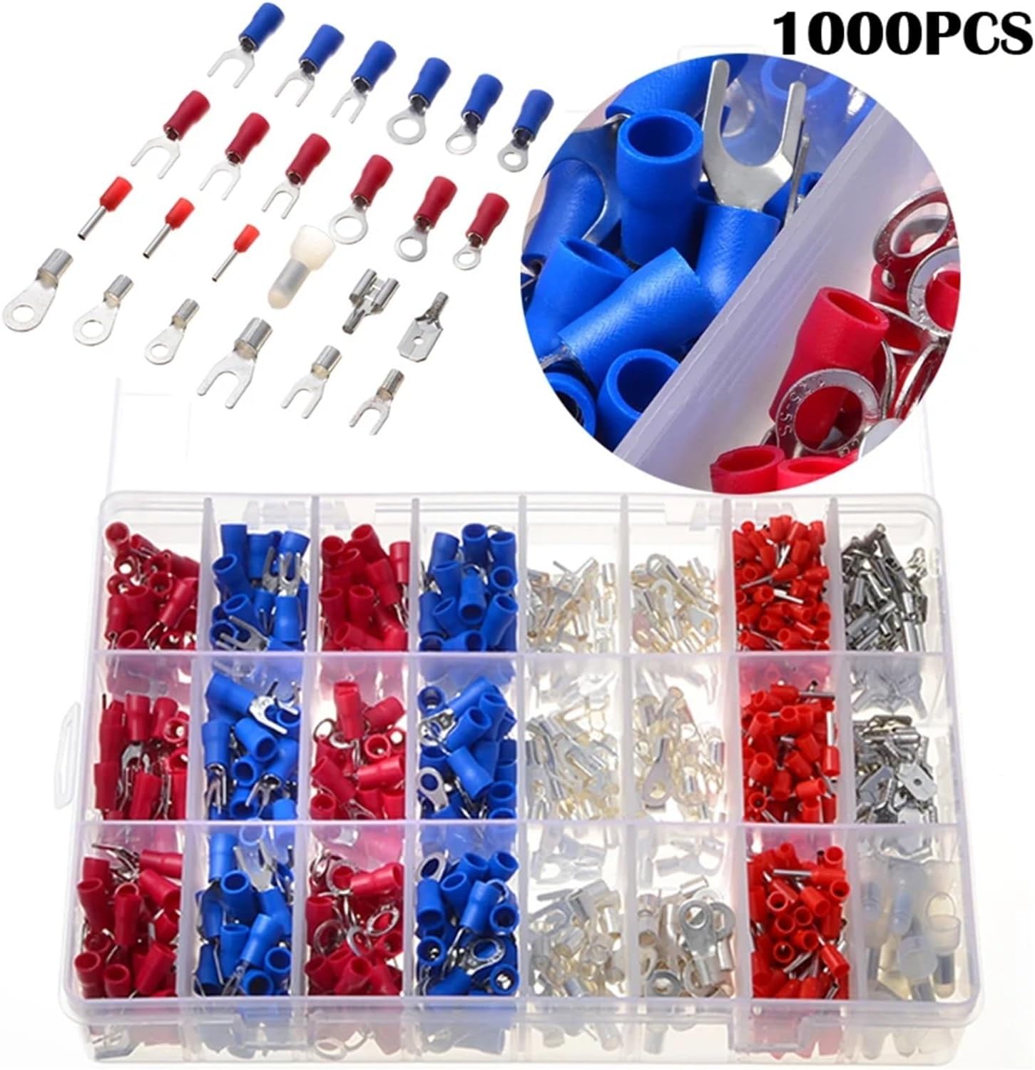 1000Pcs 24Types Insulated Crimp Terminals Kit Electrical Cable Wire Cord Pin End Connectors Spade Fork Ring Assorted Set