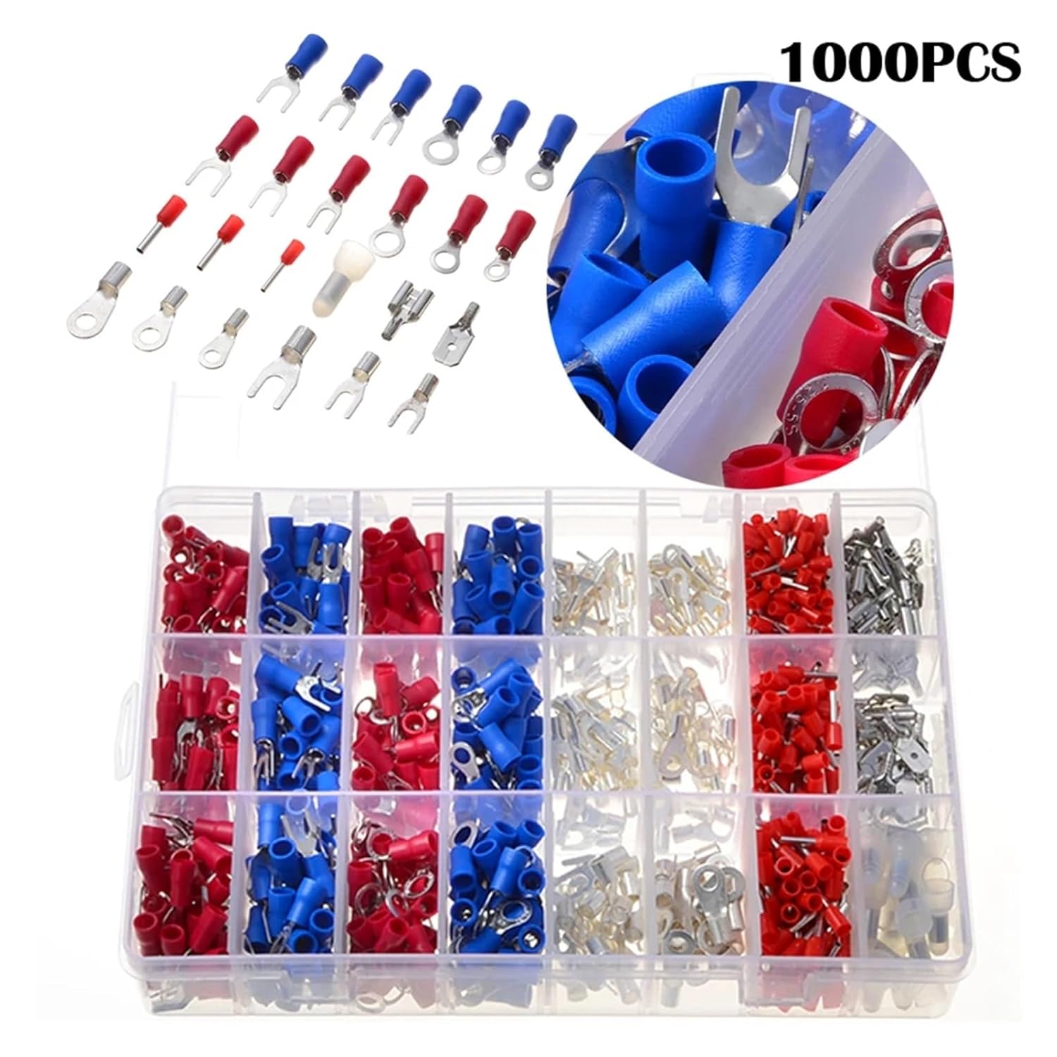 1000Pcs 24Types Insulated Crimp Terminals Kit Electrical Cable Wire Cord Pin End Connectors Spade Fork Ring Assorted Set VUQLDHAYZ