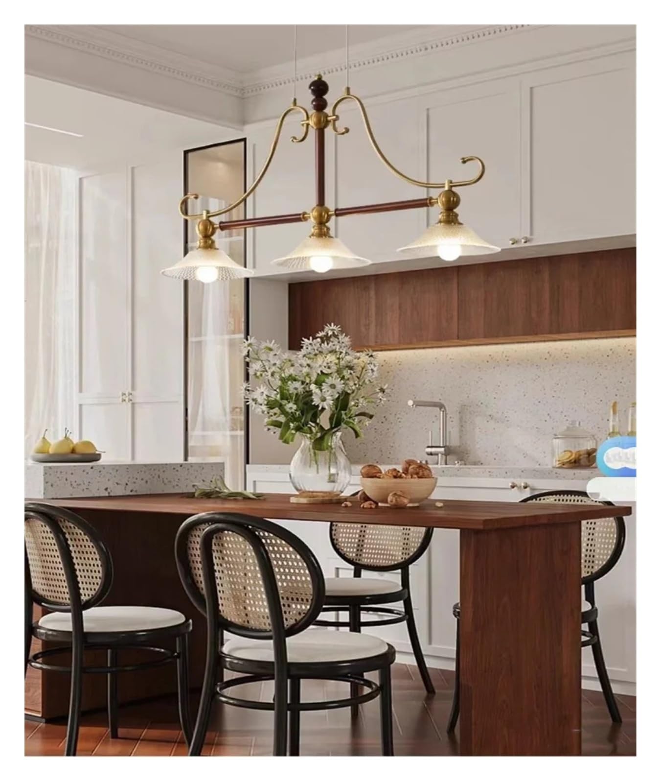 ASerZenith Chandelier, Retro Glass Long Chandelier Dining Table Coffee Bar Counter Kitchen 3-Heads Hanging Pendent Lamp E27 Bulb,Type A-White