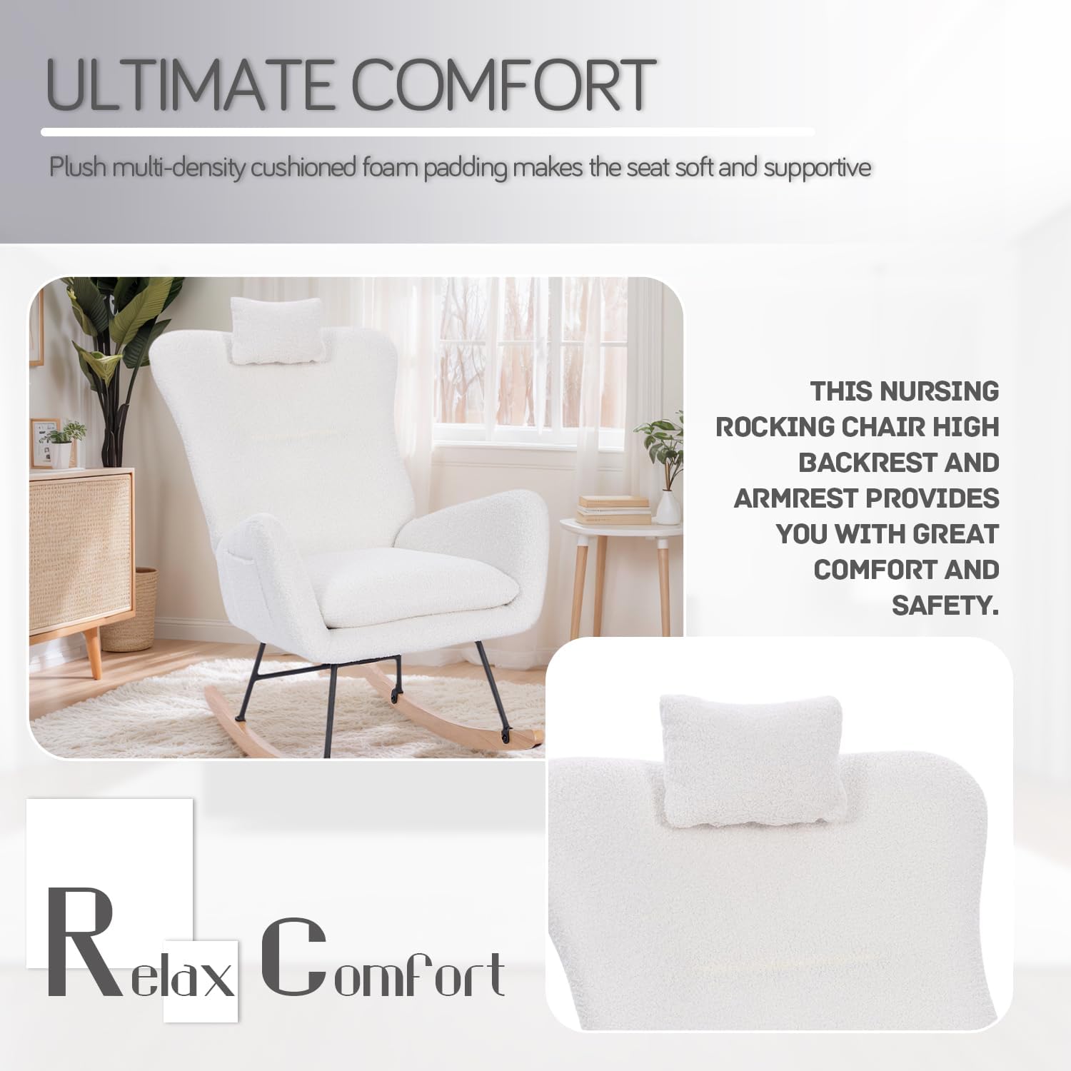 anwickjeff Nursery Rocking Chair, Teddy Upholstered Glider Rocker Chairs with High Backrest, Neck Pillow & Side Pocket, Modern Armchair Comfy Reading Chairs for Living Room (White)