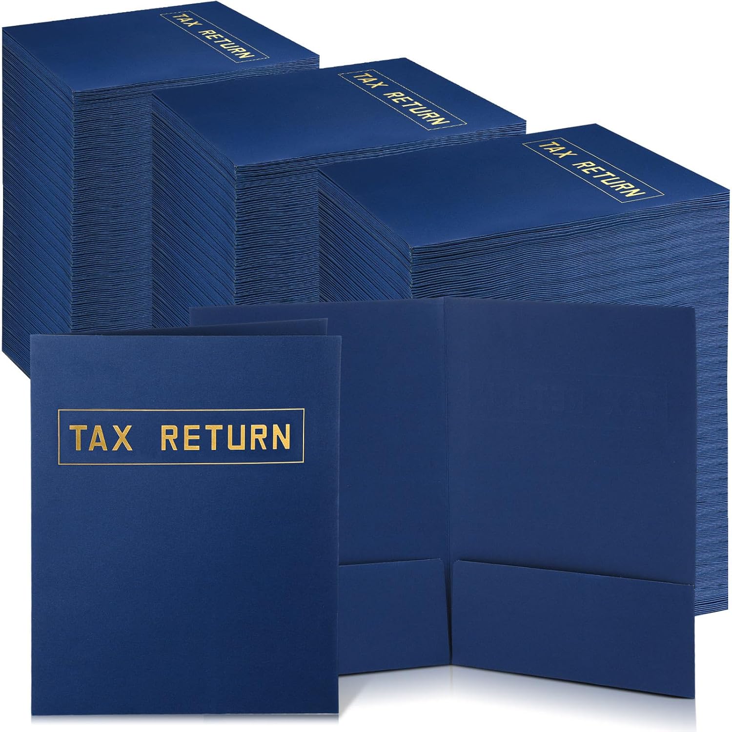 Kosiz 200 Pcs Tax Return Folders Bulk 9 x 12 Inch 2 Pocket Folders Gold Foil Stamped Folder with Pockets for Business Office Storing or Handling Personal and Customer Tax Return Organizer (Blue) 200 Blue