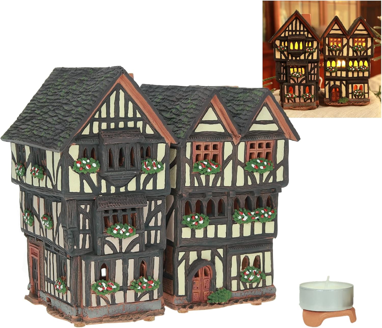 Ceramic Art Tealight Candle Holder Room Decoration Handcrafted Collectible Miniature Light House New Inn Street Houses in Oxford, GB B280Set