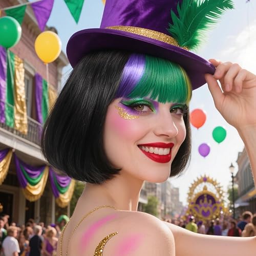 Miniatura 6 de ANOGOL Gorro de pelo + peluca de Mardi Gras, pelucas moradas, verdes y amarillas, peluca negra Bob con flequillo, traje de Mardi Gras para mujer,