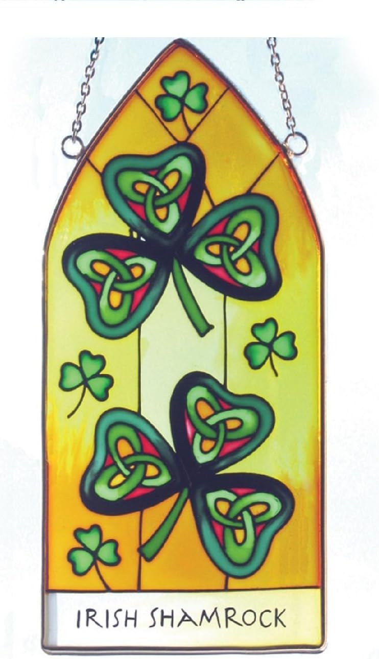 8" Stained Glass Hanging Panel With Irish Shamrock Design