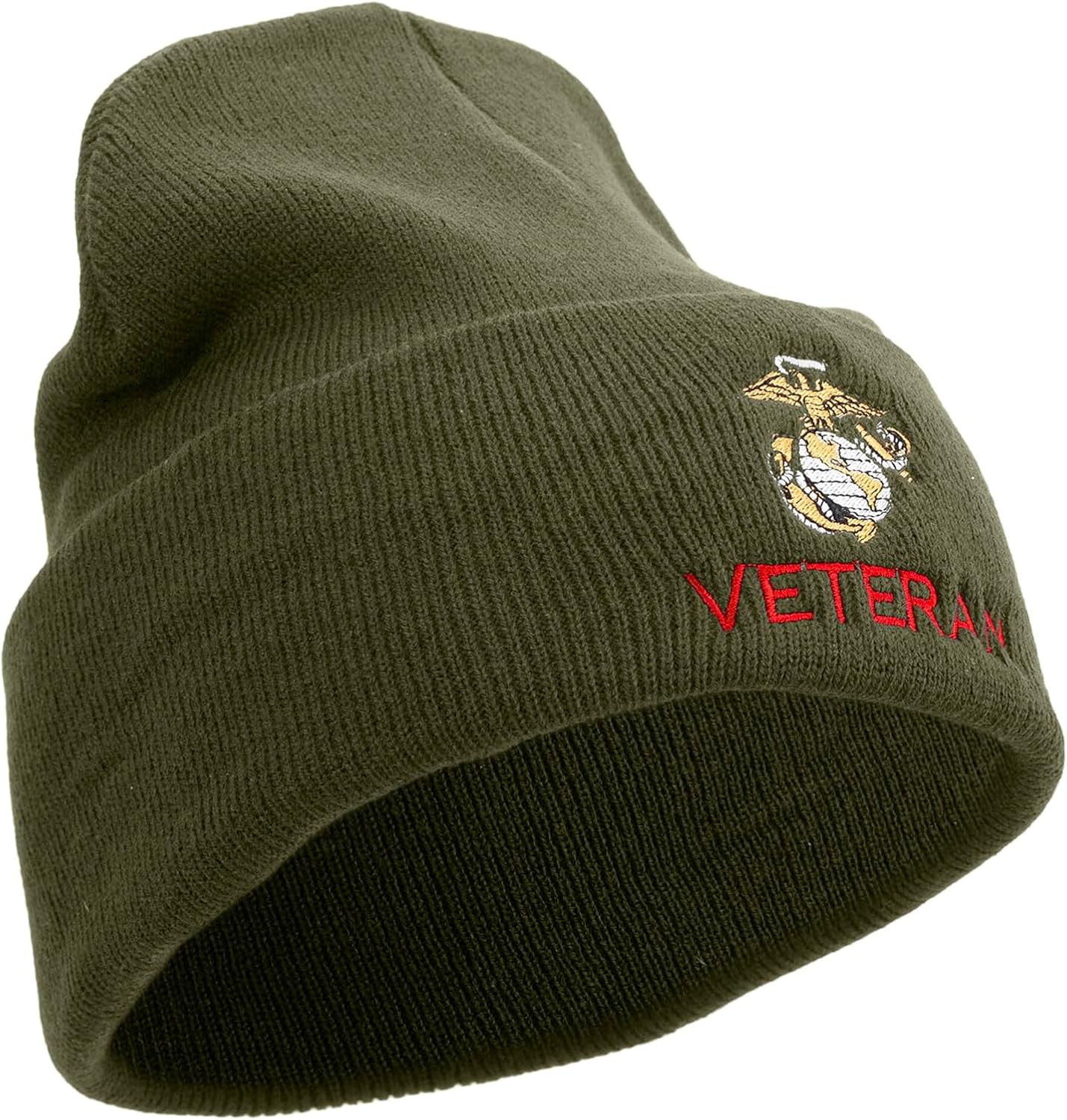 Marine Veteran Logo Embroidered 12 Inch Solid Knit Cuff Long Beanie Made in USA